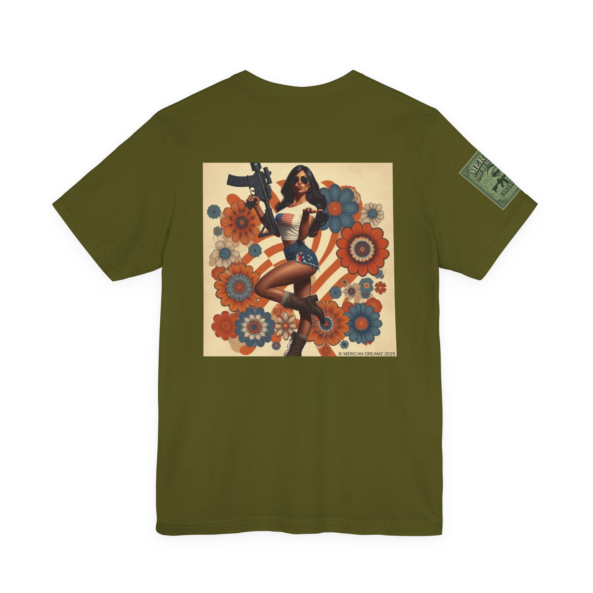 Graphic Short Sleeve Tee front and back — Retro Americana Pin-Up Girls with AR-15 Rifles