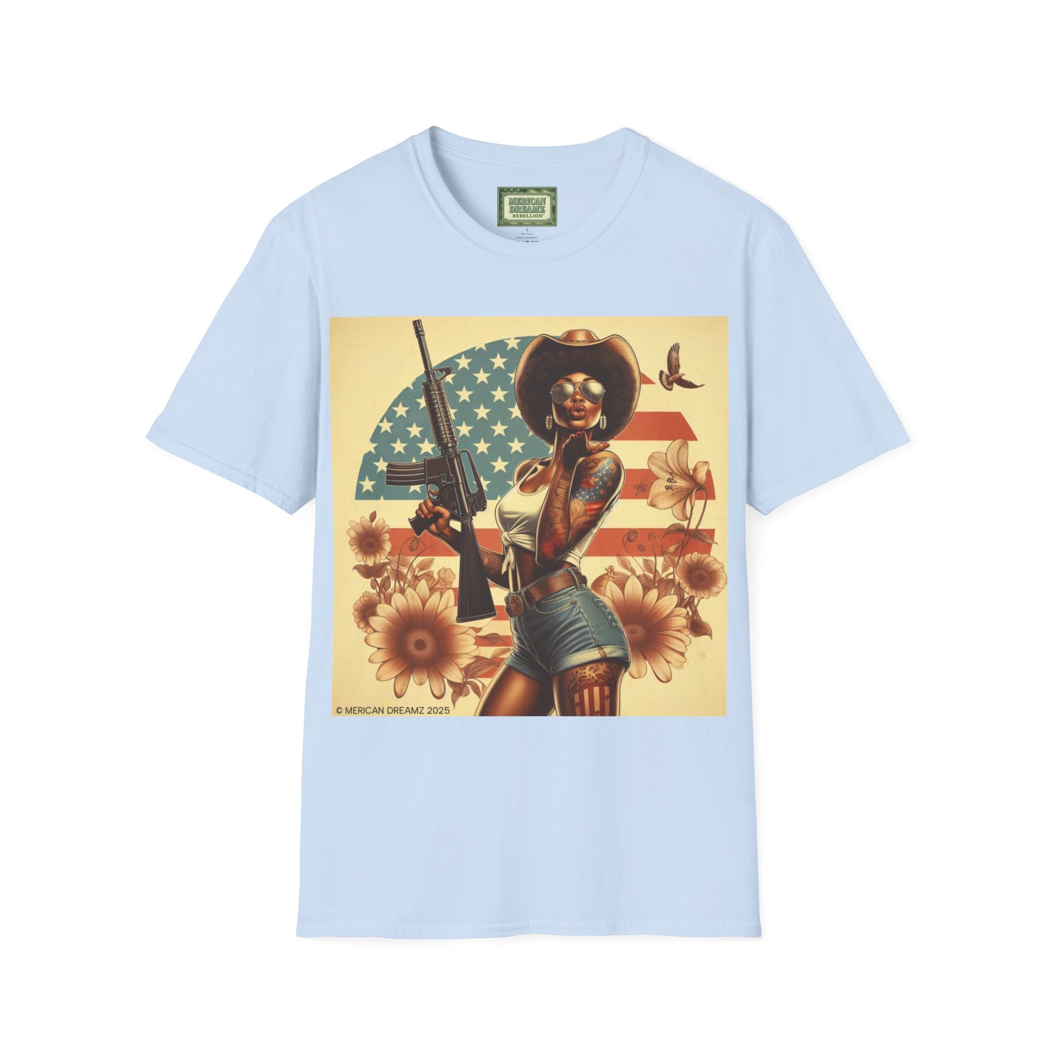 Pin-Up Americana T-Shirt — Retro Floral Gun Cowgirl Vintage Style (US Only)