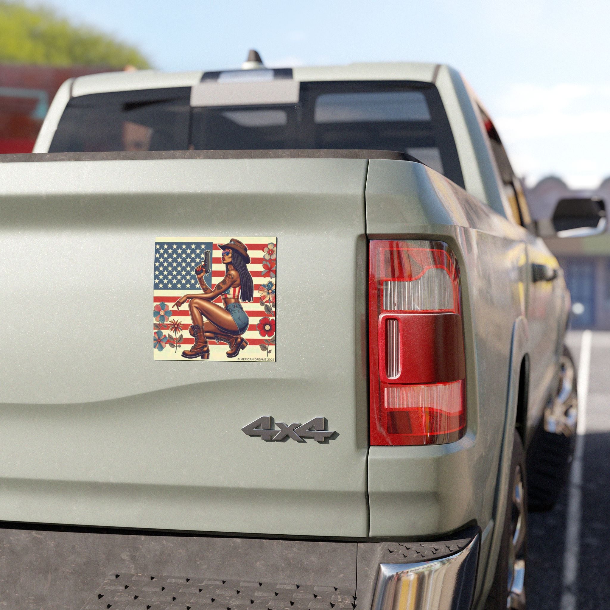 Car Magnet Patriotic Americana Cowgirl with Pistol | Square American Flag Vintage Floral