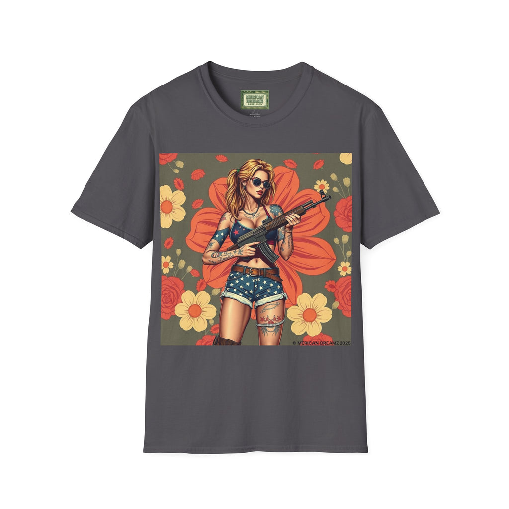 Graphic T-Shirt — Patriotic Pinup Girl with Rifle Vintage Flag Design (US Only)