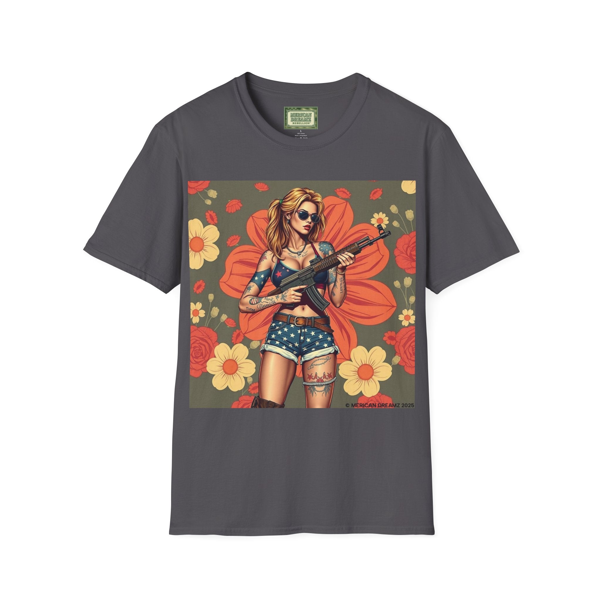 Graphic T-Shirt — Patriotic Pinup Girl with Rifle Vintage Flag Design (US Only)
