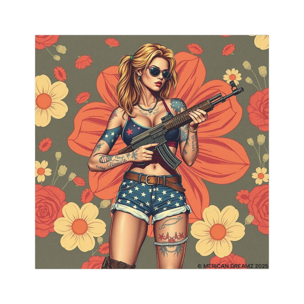 Car Magnet Americana Pinup girl with Rifle | Square Vintage Floral