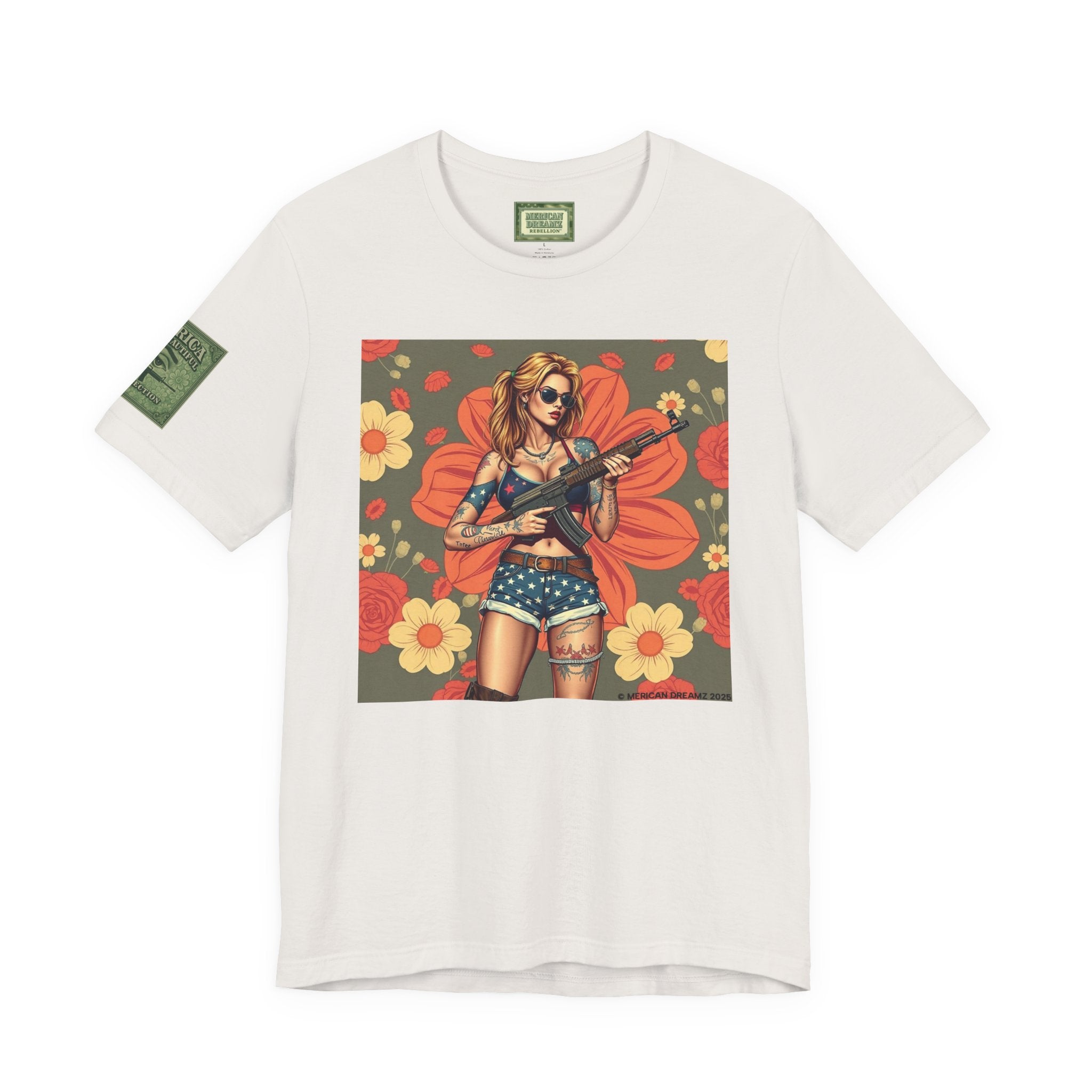 Graphic Short Sleeve Tee front and back — Retro Americana Pin-Up Girls with AK-47 Rifles