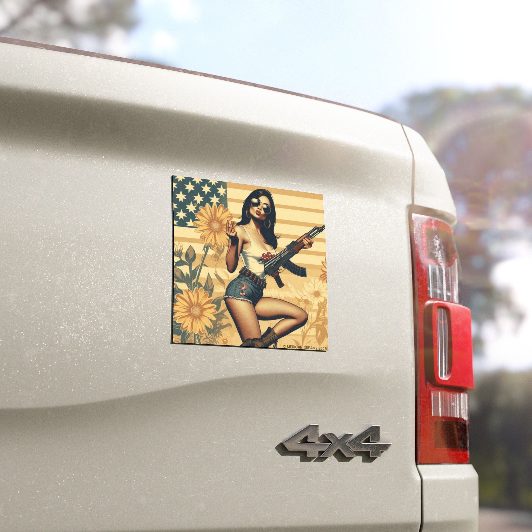 Car Magnet Americana Pinup girl with Rifle | Square Vintage Floral