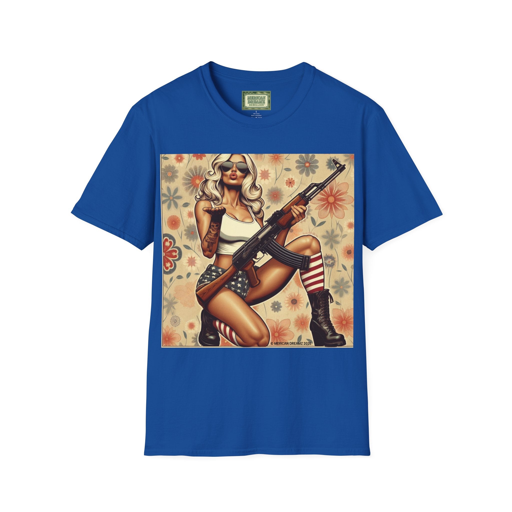 Graphic T-Shirt — Patriotic Pinup Girl with Rifle Vintage Flag Design (US Only)
