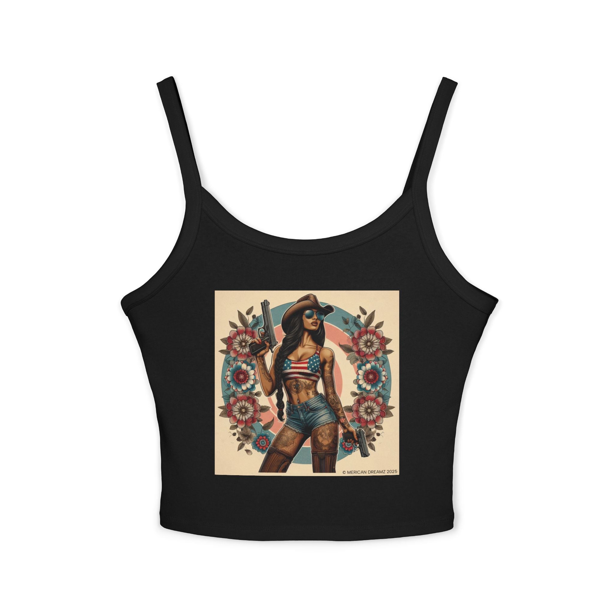 Retro Pinup Girl Tank Top — Vintage Flag & Floral Spaghetti Strap