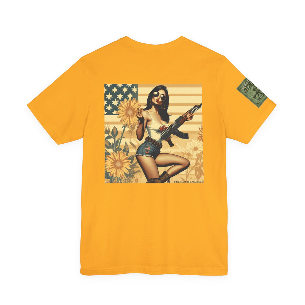 Graphic Short Sleeve Tee front and back — Retro Americana Pin-Up Girls with AK-47 Rifles