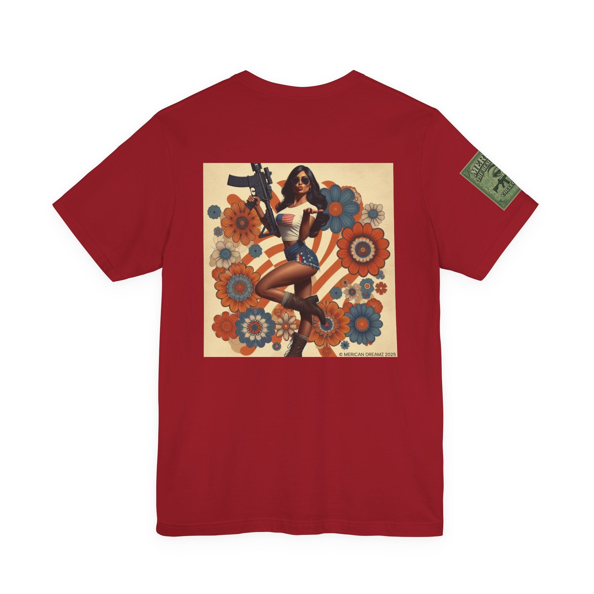 Graphic Short Sleeve Tee front and back — Retro Americana Pin-Up Girls with AR-15 Rifles