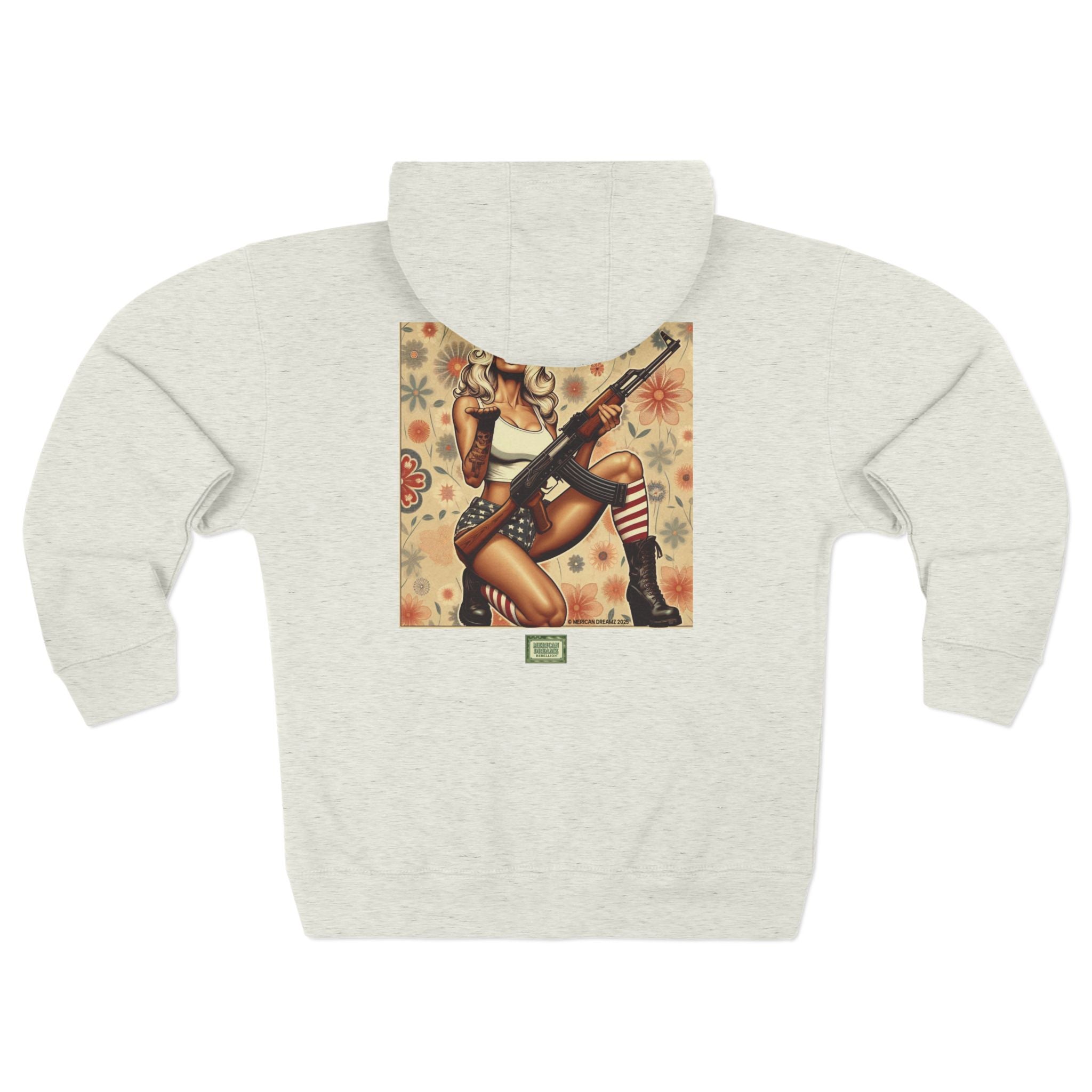 Americana Pinup girl with AK-47 Zip Hoodie — Retro Vintage Patriotic Graphic