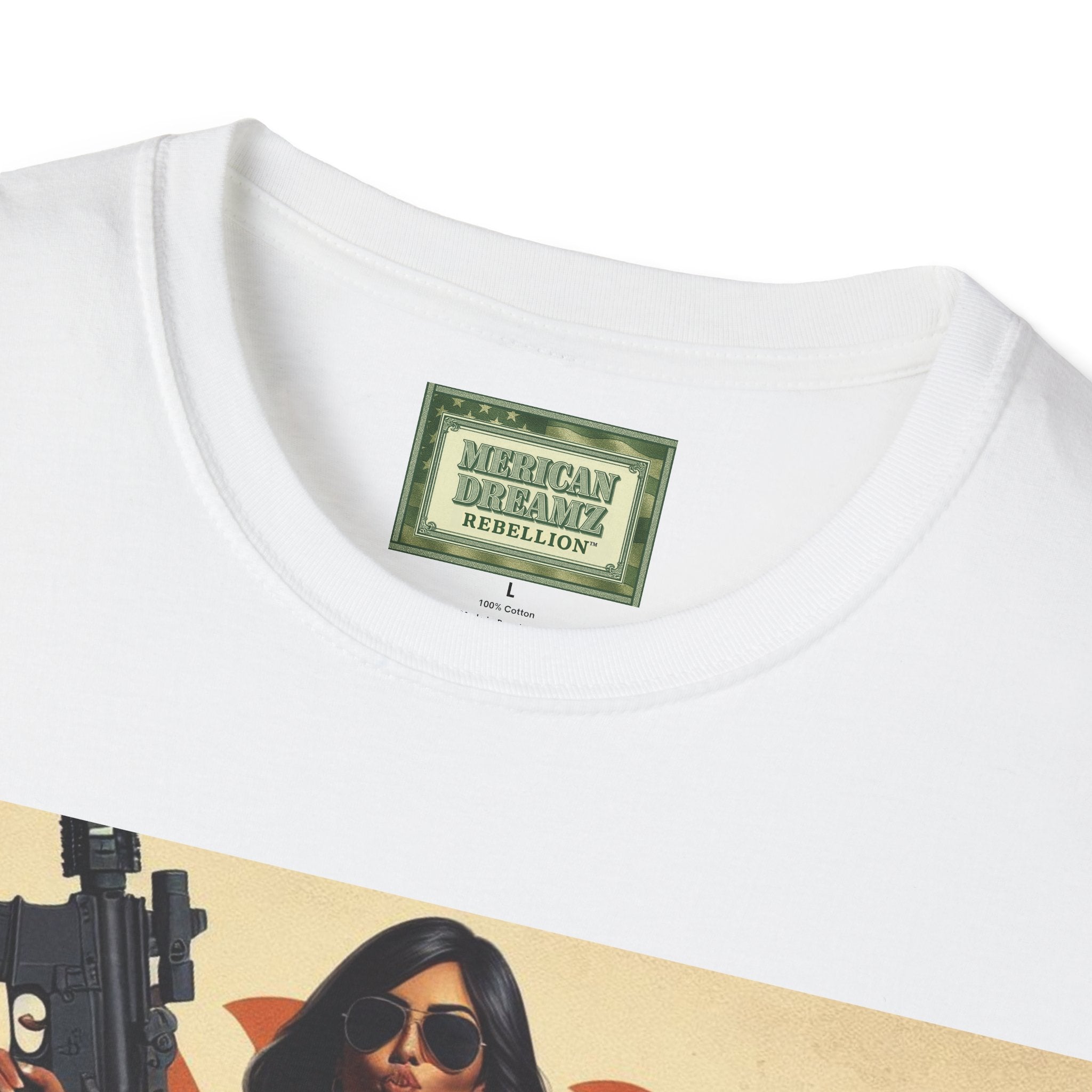 Graphic T-Shirt — Patriotic Pinup Girl with Rifle Vintage Flag Design (US Only)