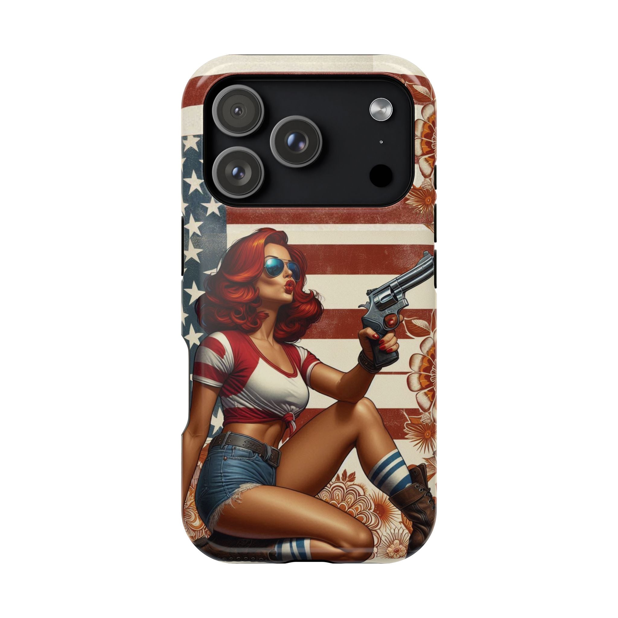 Americana .44 Magnum Pinup Girl - Magnetic Impact‑Resistant Phone Case  iPhone 13-17 / Samsung S26  MagSafe Compatible
