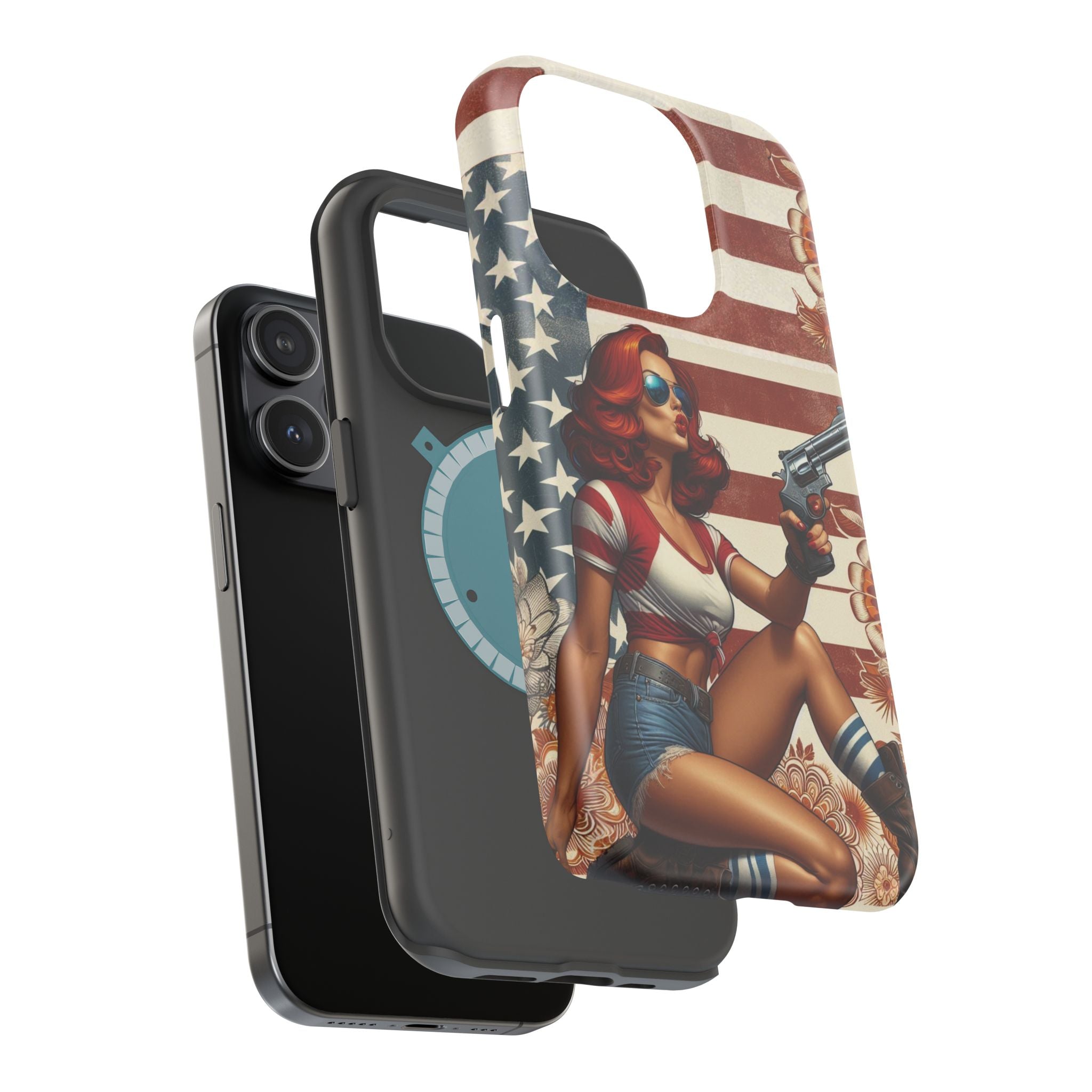 Americana .44 Magnum Pinup Girl - Magnetic Impact‑Resistant Phone Case  iPhone 13-17 / Samsung S26  MagSafe Compatible