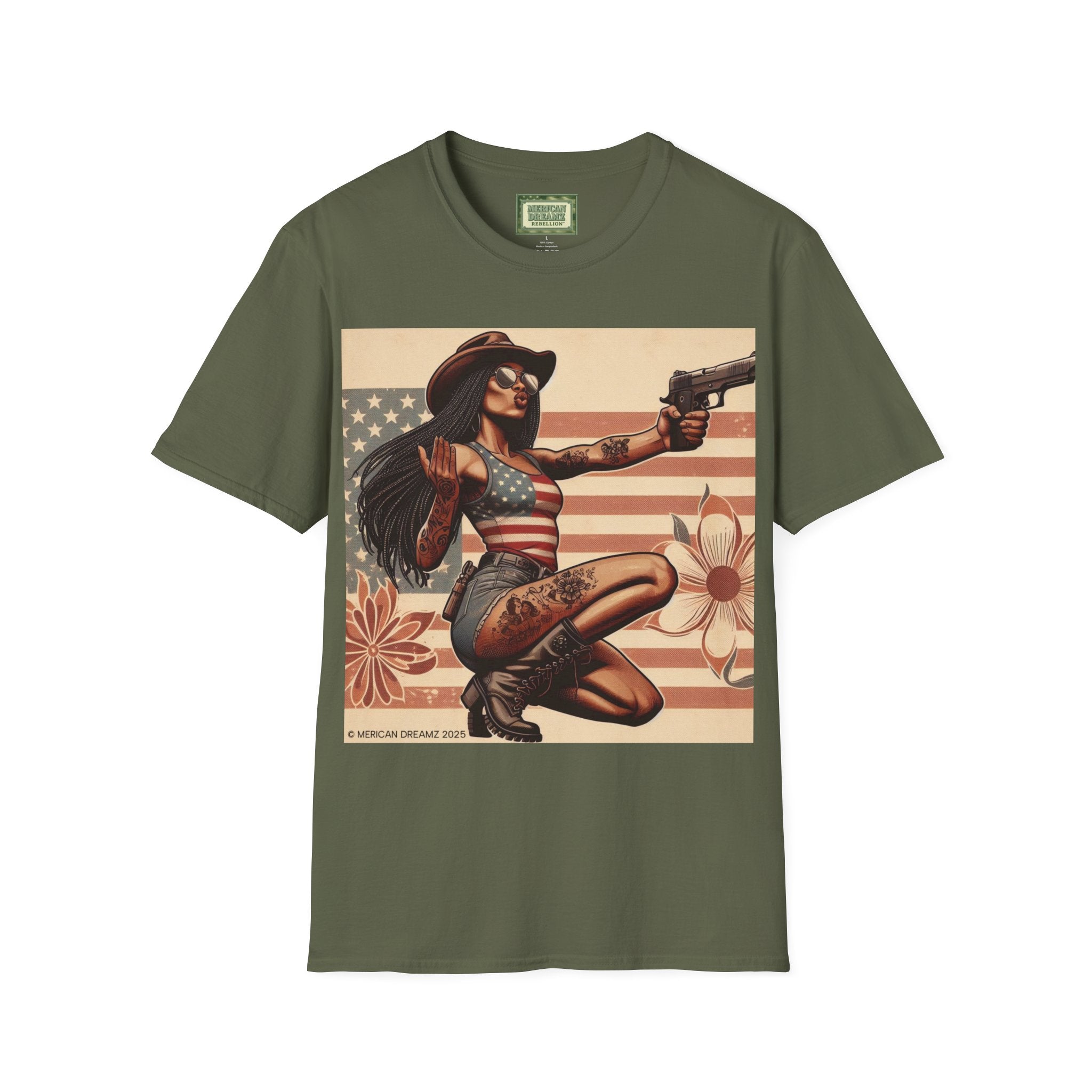 Pin-Up Americana T-Shirt — Retro Floral Gun Cowgirl Vintage Style (US Only)