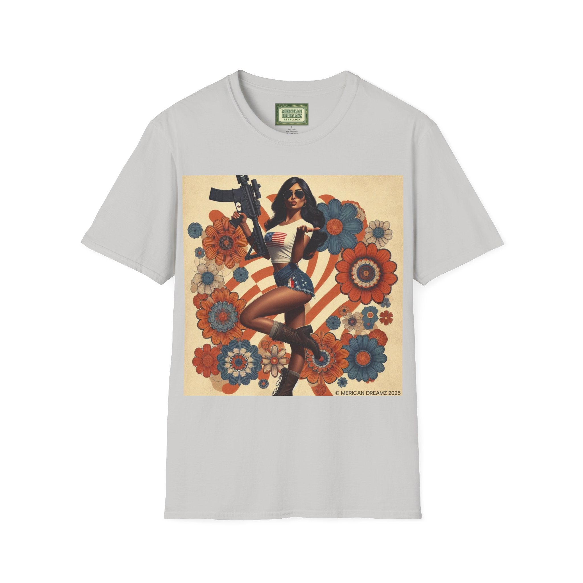 Graphic T-Shirt — Patriotic Pinup Girl with Rifle Vintage Flag Design (US Only)