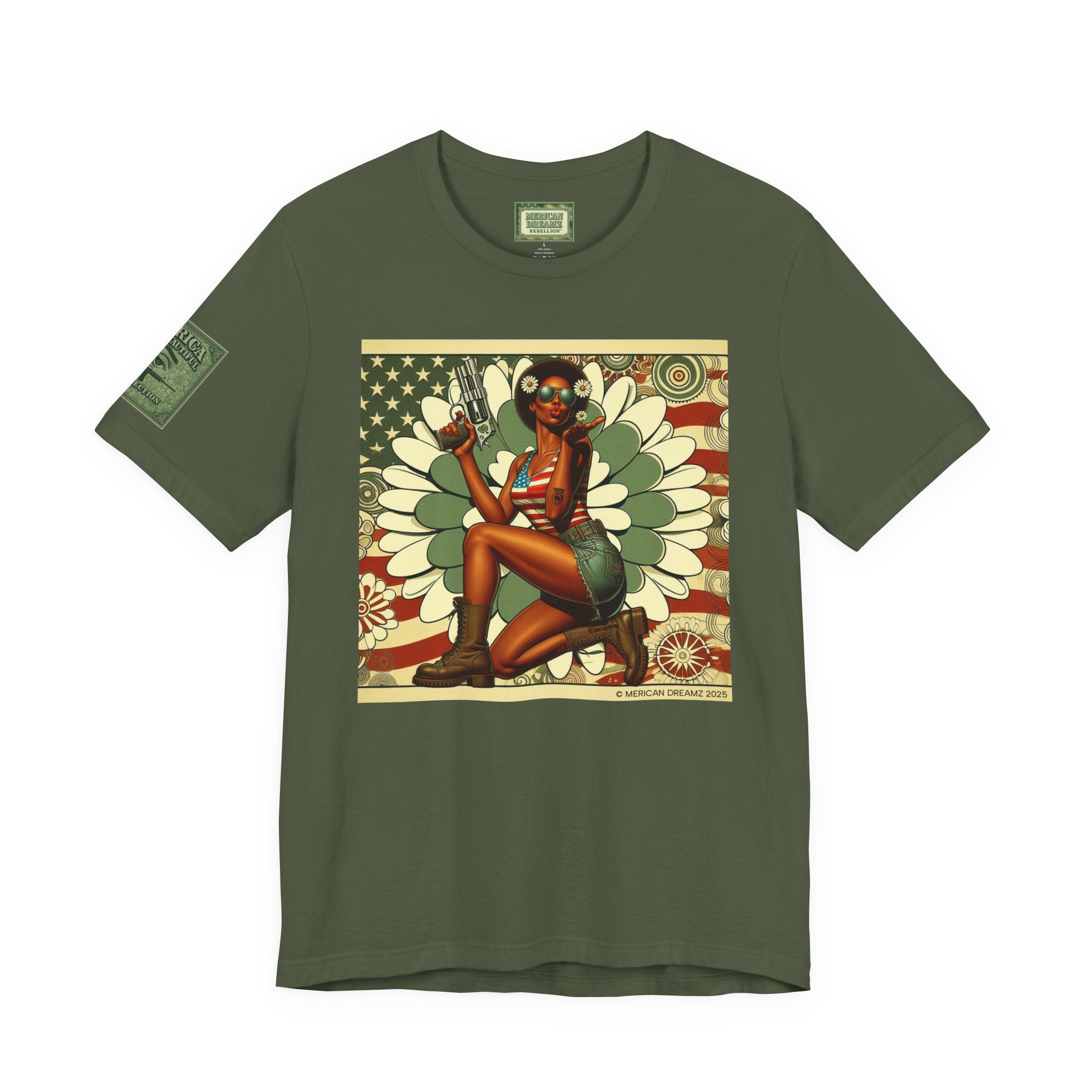 Graphic Short Sleeve Tee front and back — Retro Americana Pin-Up Cowgirls with .44 Magnum and AR-15