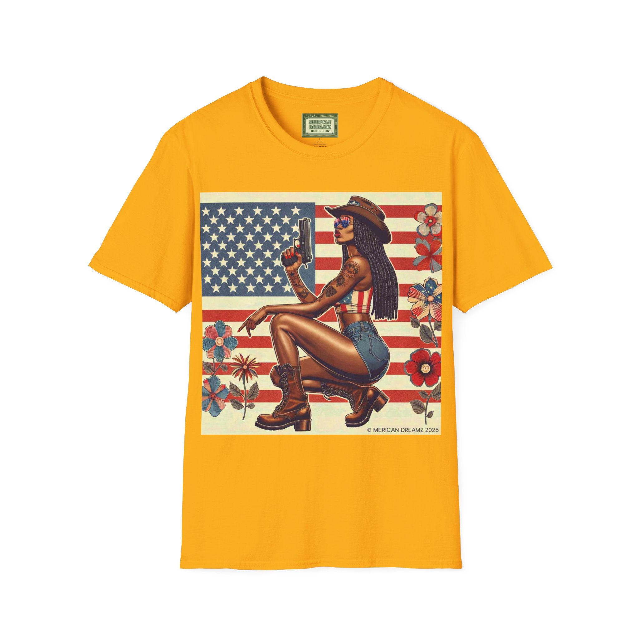 Pin-Up Americana T-Shirt — Retro Floral Gun Cowgirl Vintage Style (US Only)