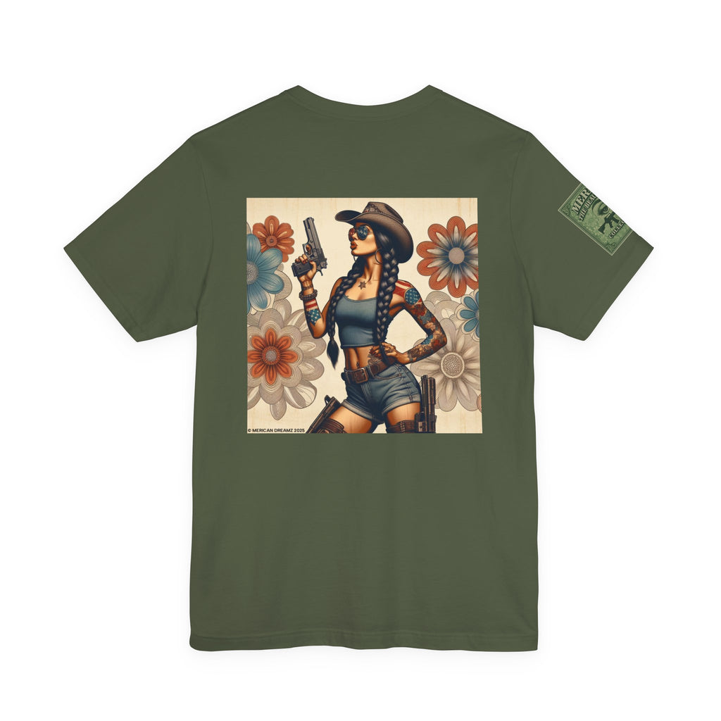 Graphic Short Sleeve Tee front and back — Retro Americana Pin-Up Cowgirls with 9mm Pistols