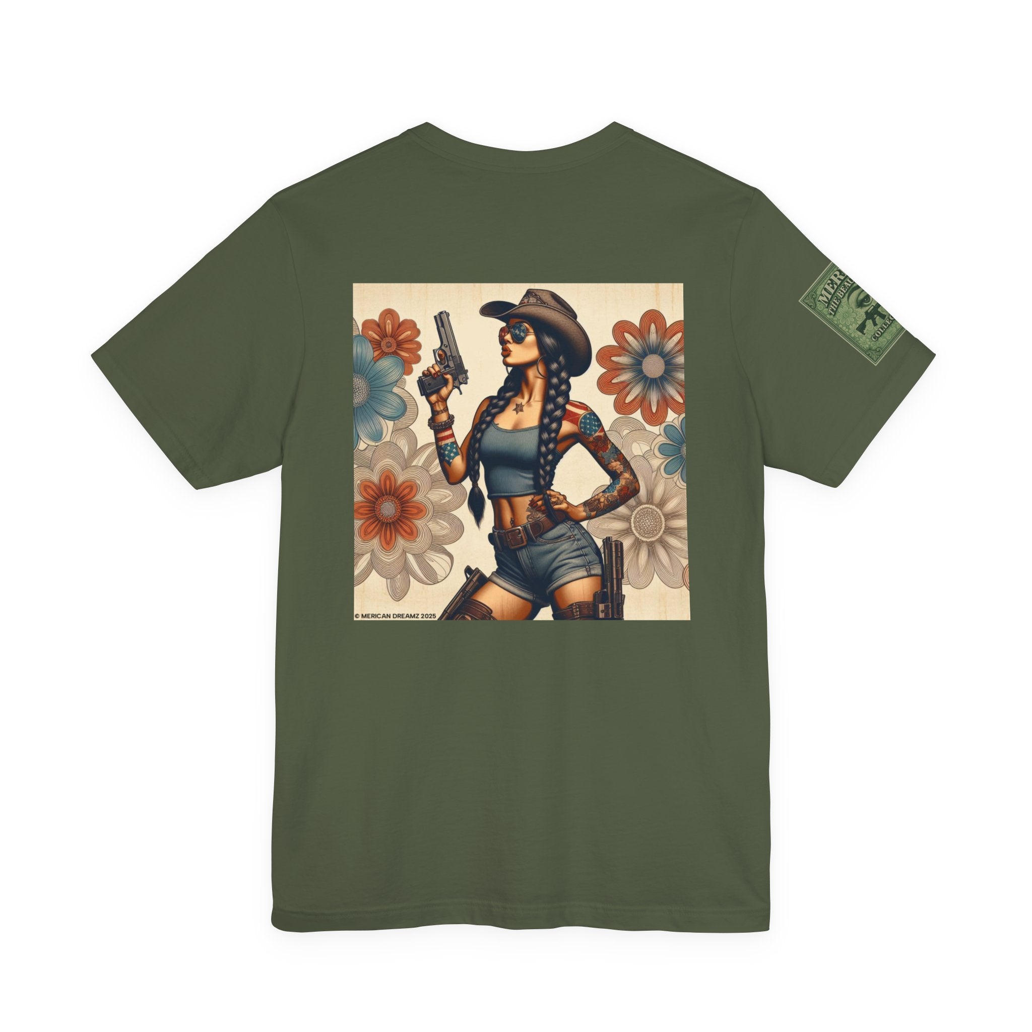 Graphic Short Sleeve Tee front and back — Retro Americana Pin-Up Cowgirls with 9mm Pistols