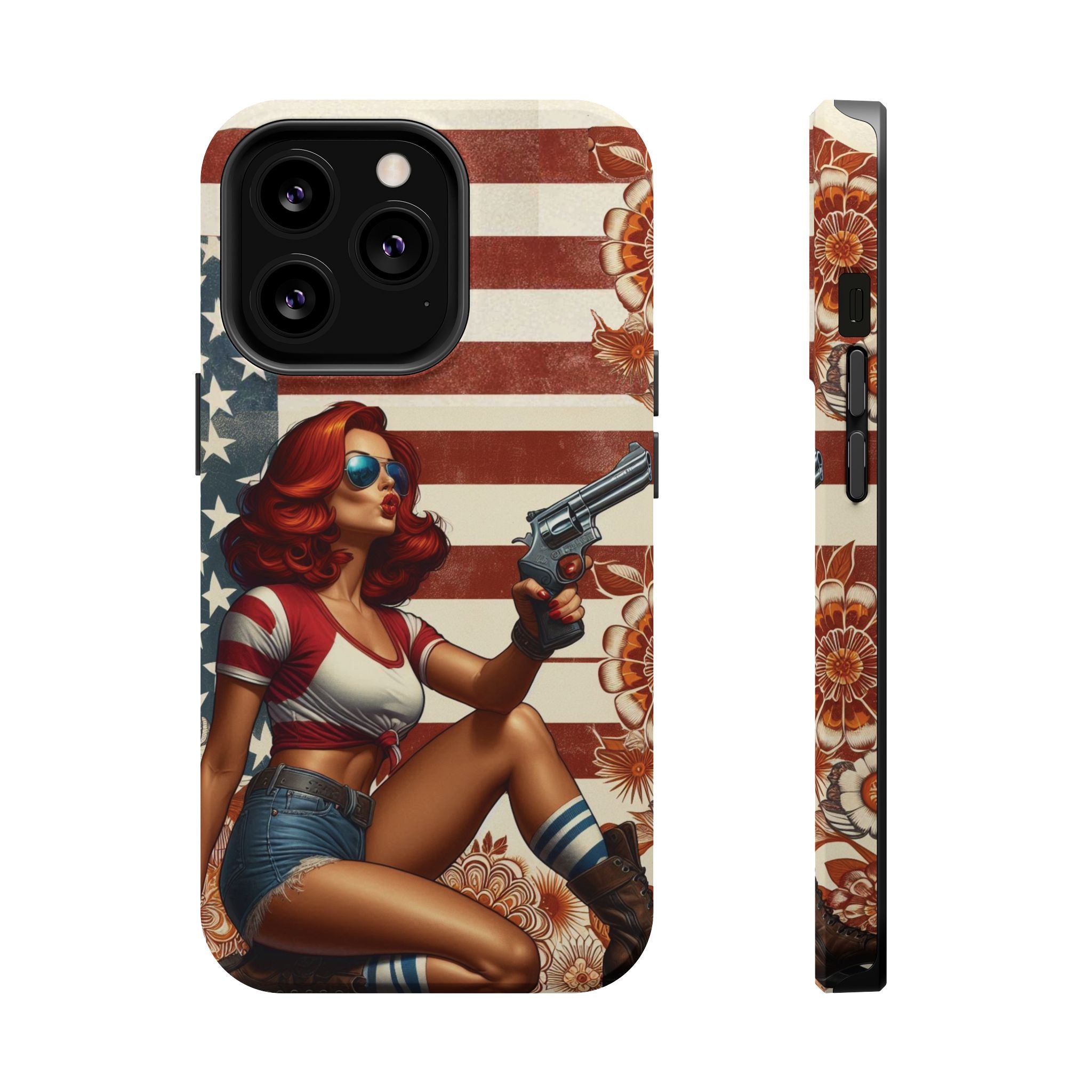 Americana .44 Magnum Pinup Girl - Magnetic Impact‑Resistant Phone Case  iPhone 13-17 / Samsung S26  MagSafe Compatible