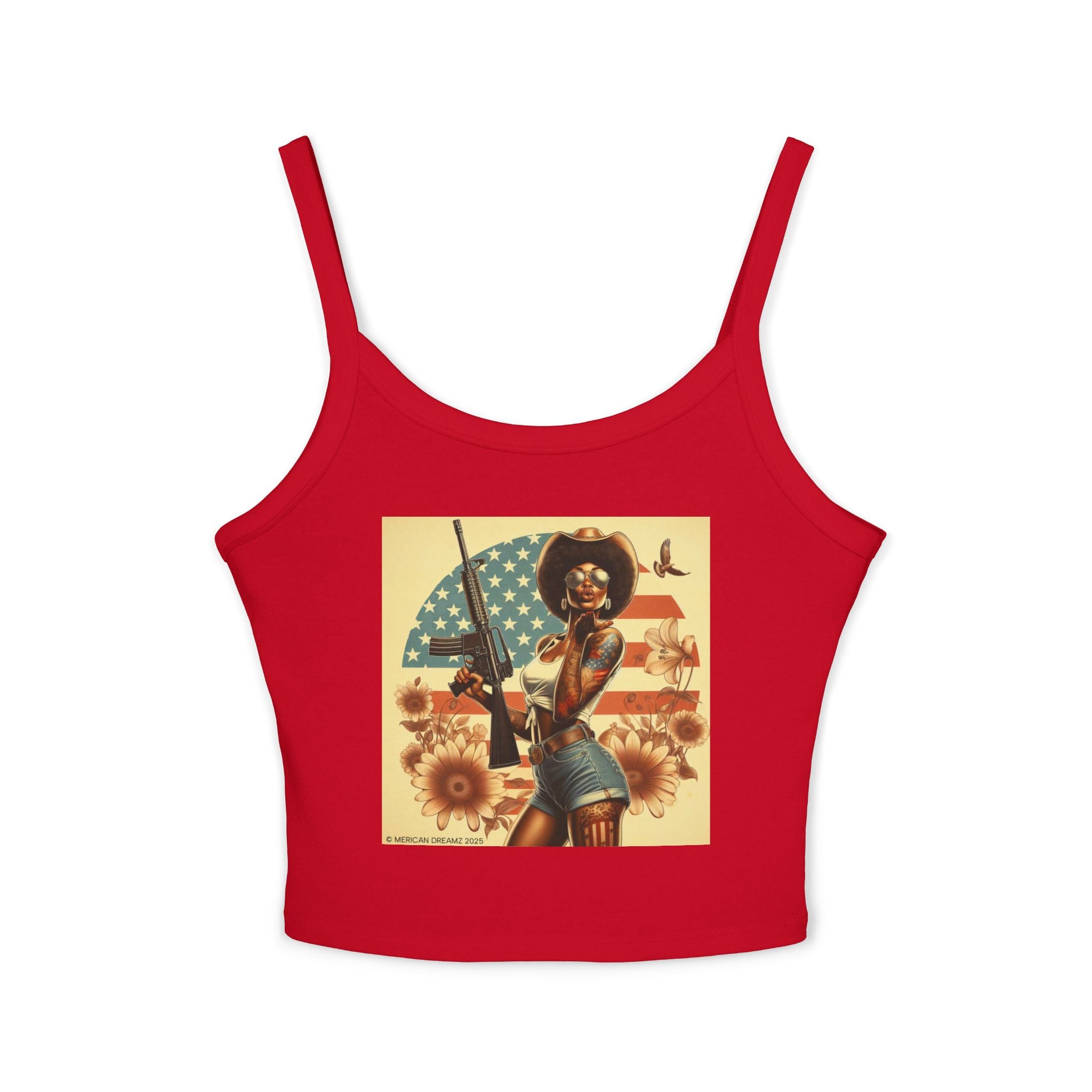 Retro Pinup Girl Tank Top — Vintage Flag & Floral Spaghetti Strap
