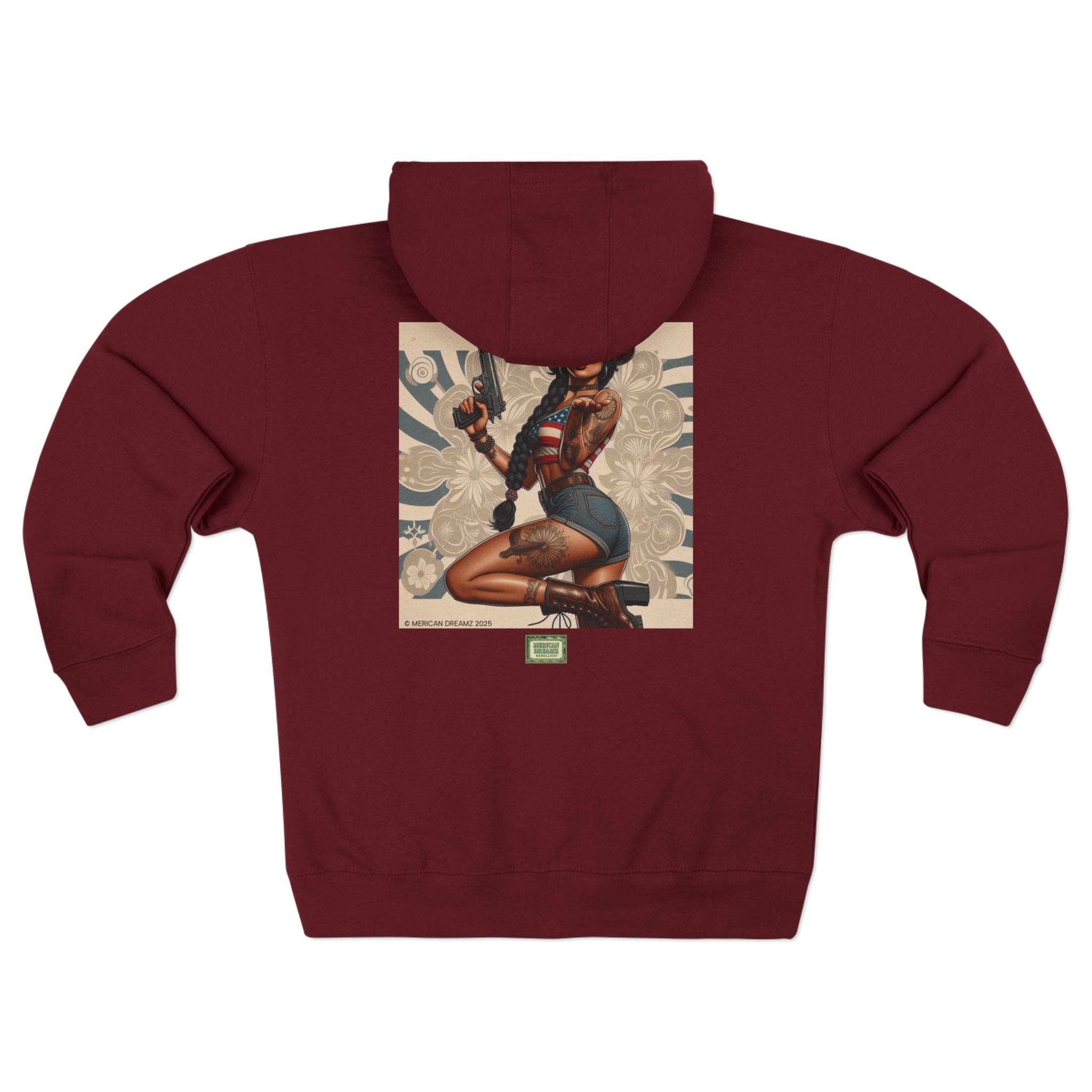 Americana Pinup Cowgirl with 9mm Zip Hoodie — Retro Vintage Patriotic Graphic