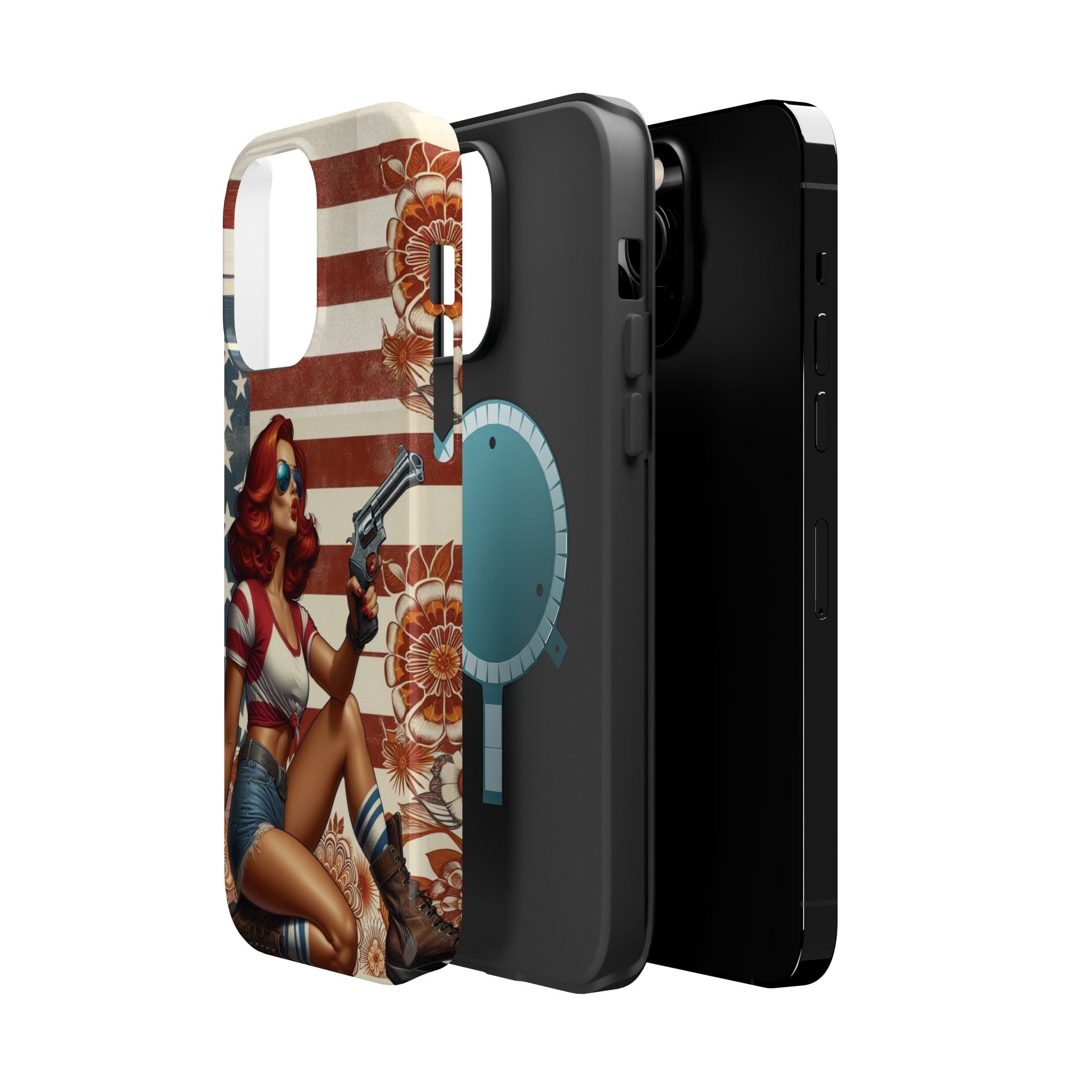 Americana .44 Magnum Pinup Girl - Magnetic Impact‑Resistant Phone Case  iPhone 13-17 / Samsung S26  MagSafe Compatible