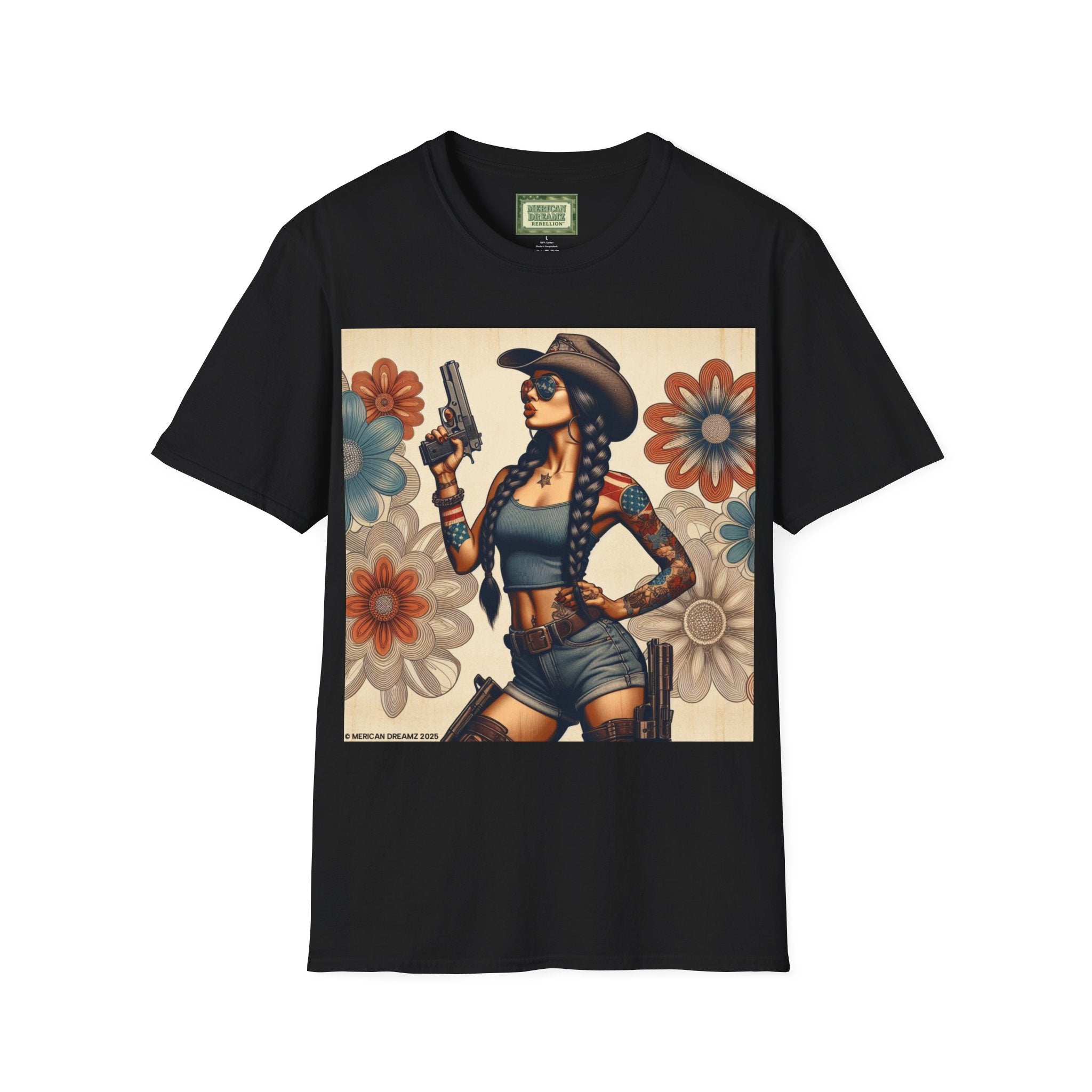 Pin-Up Americana T-Shirt — Retro Floral Gun Cowgirl Vintage Style (US Only)