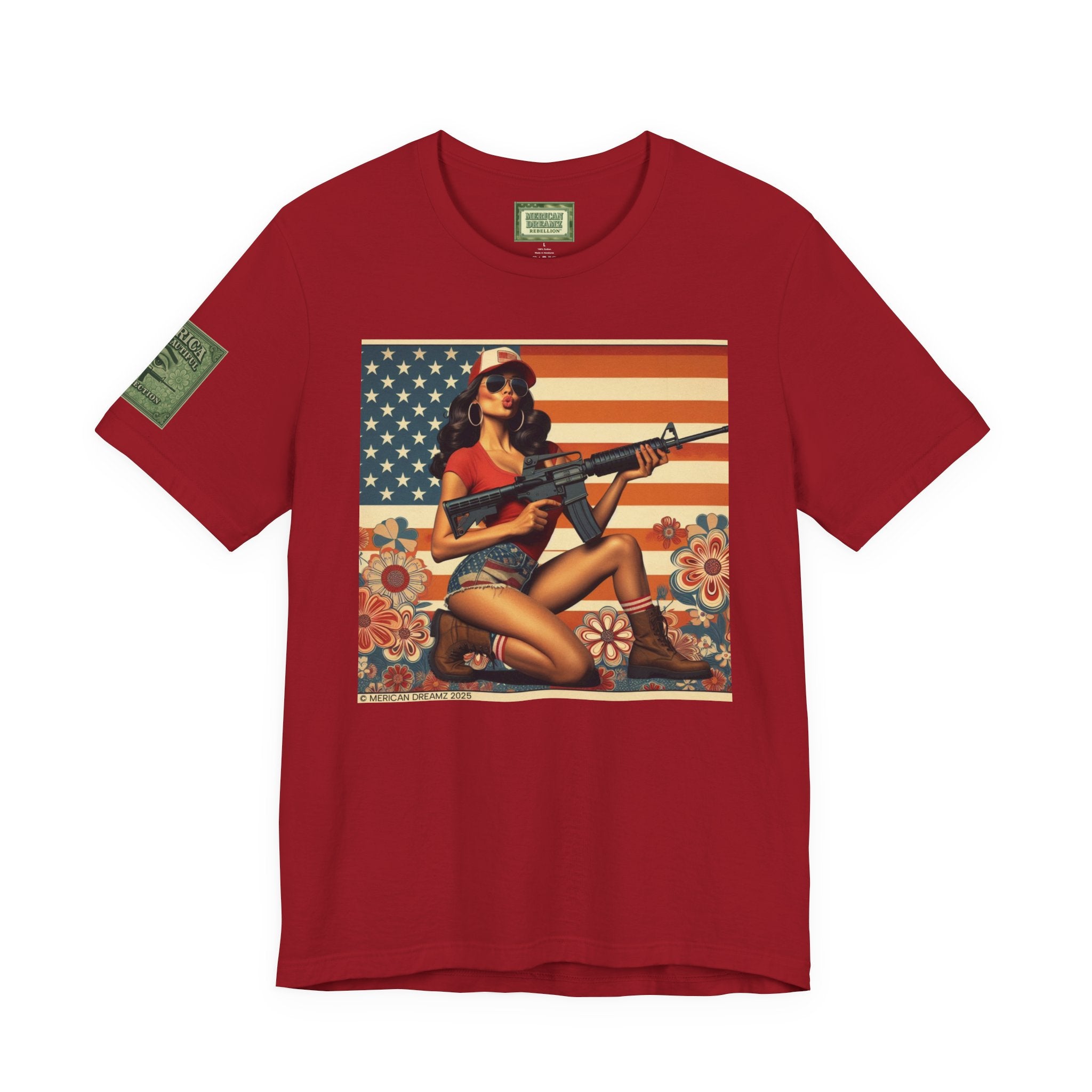 Graphic Short Sleeve Tee front and back — Retro Americana Pin-Up Girls with AR-15 Rifles
