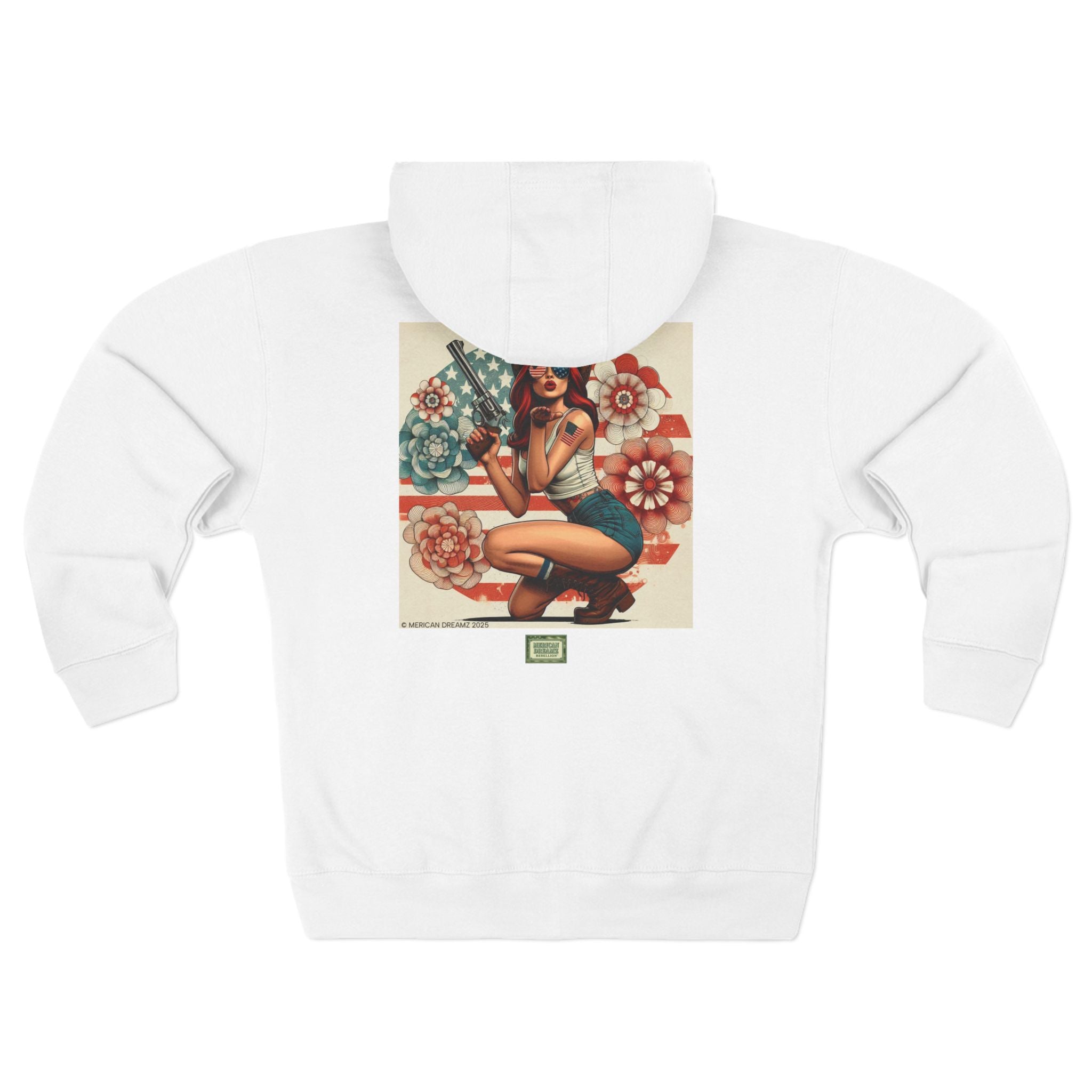 Americana Pinup Cowgirl with 44 Magnum Zip Hoodie — Retro Vintage Patriotic Graphic