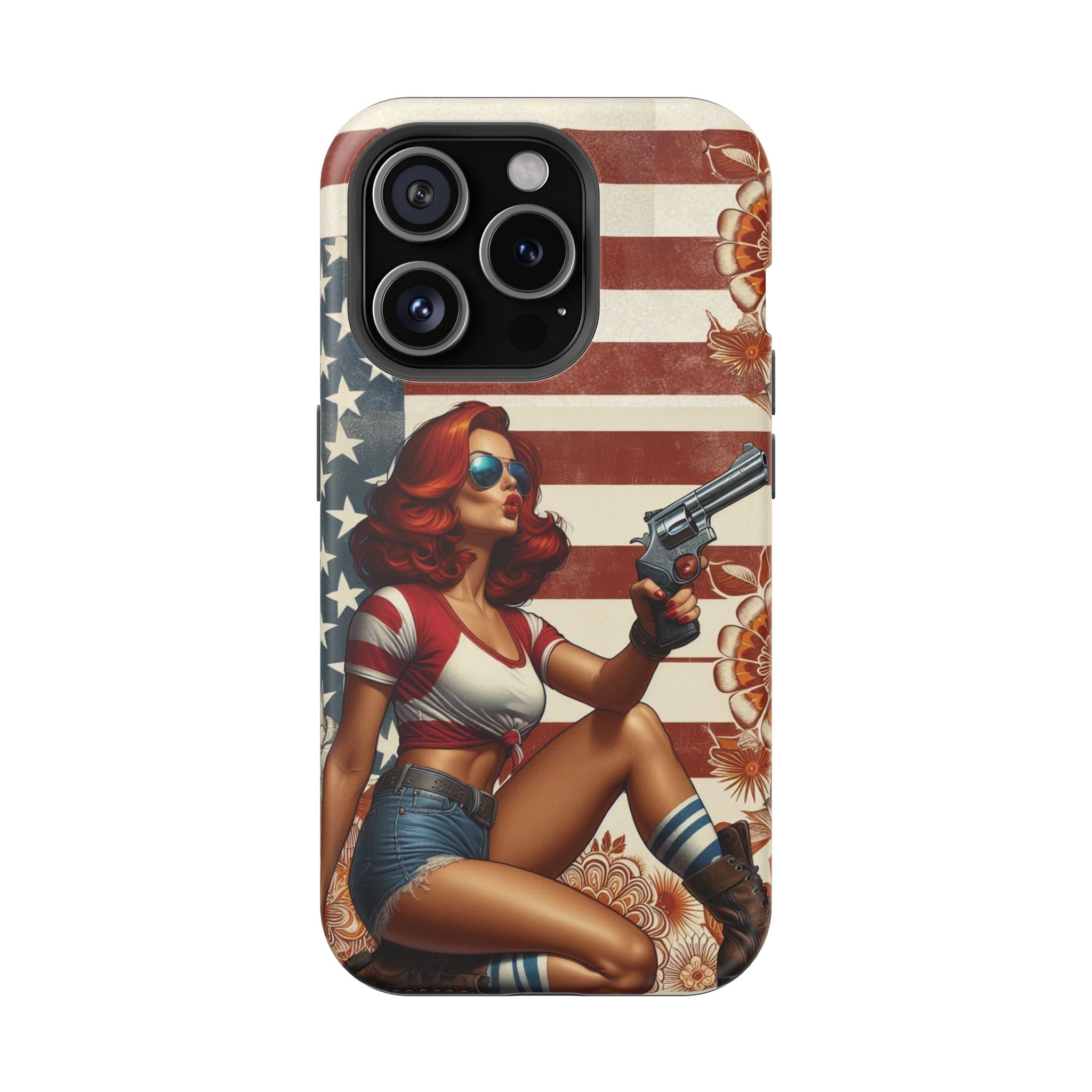 Americana .44 Magnum Pinup Girl - Magnetic Impact‑Resistant Phone Case  iPhone 13-17 / Samsung S26  MagSafe Compatible