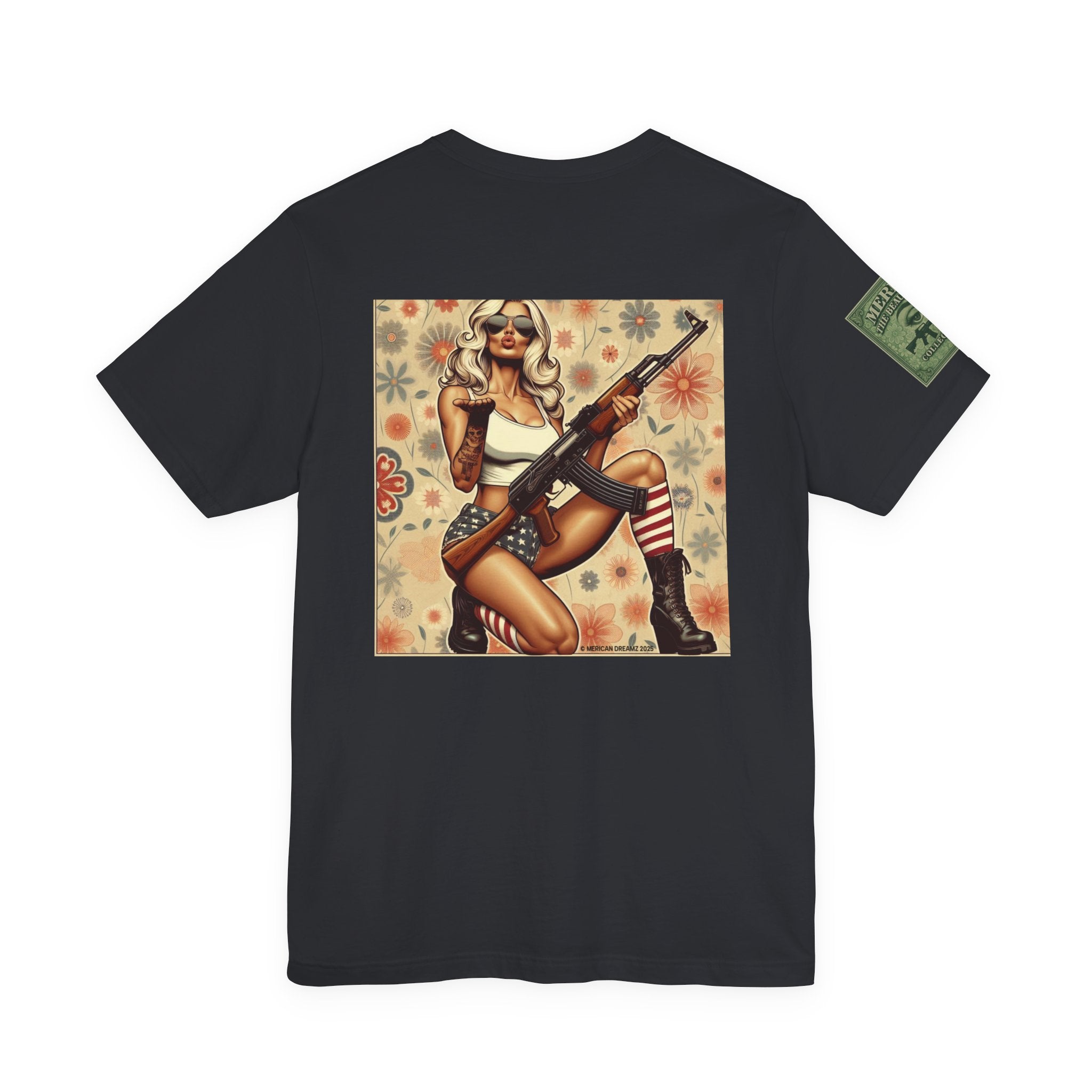 Graphic Short Sleeve Tee front and back — Retro Americana Pin-Up Girls with AK-47 Rifles