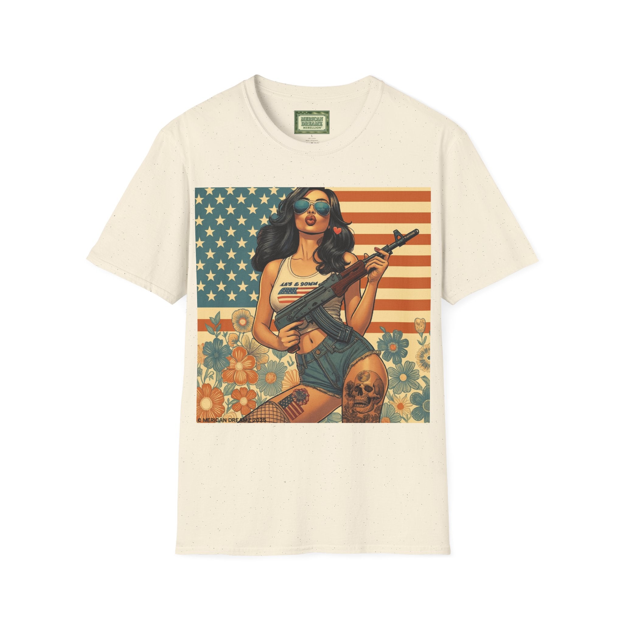 Graphic T-Shirt — Patriotic Pinup Girl with Rifle Vintage Flag Design (US Only)