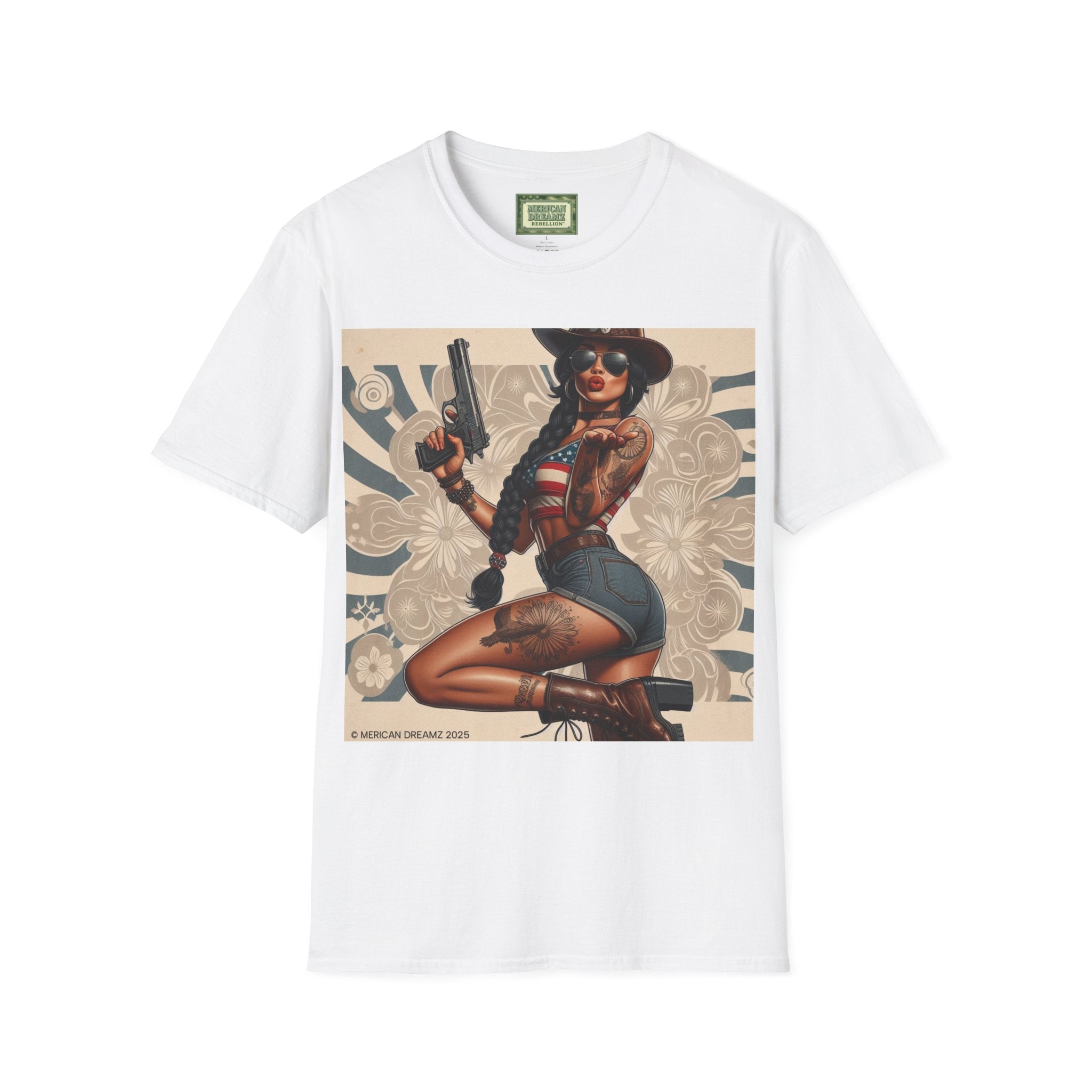 Pin-Up Americana T-Shirt — Retro Floral Gun Cowgirl Vintage Style (US Only)