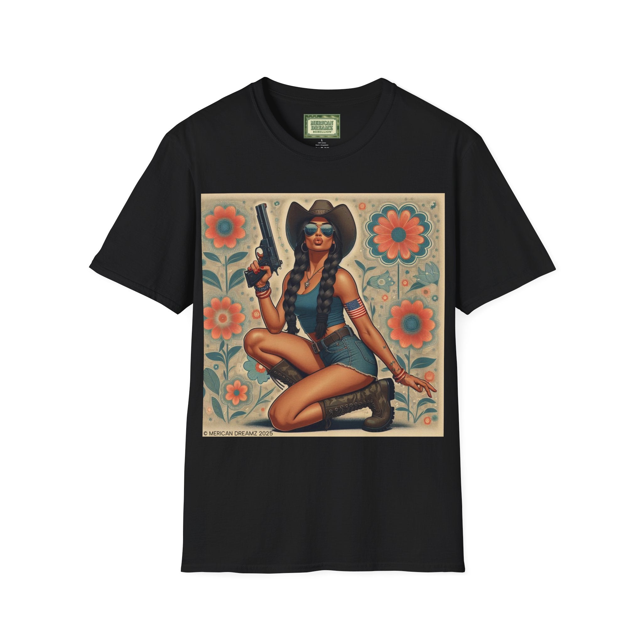 Pin-Up Americana T-Shirt — Retro Floral Gun Cowgirl Vintage Style (US Only)