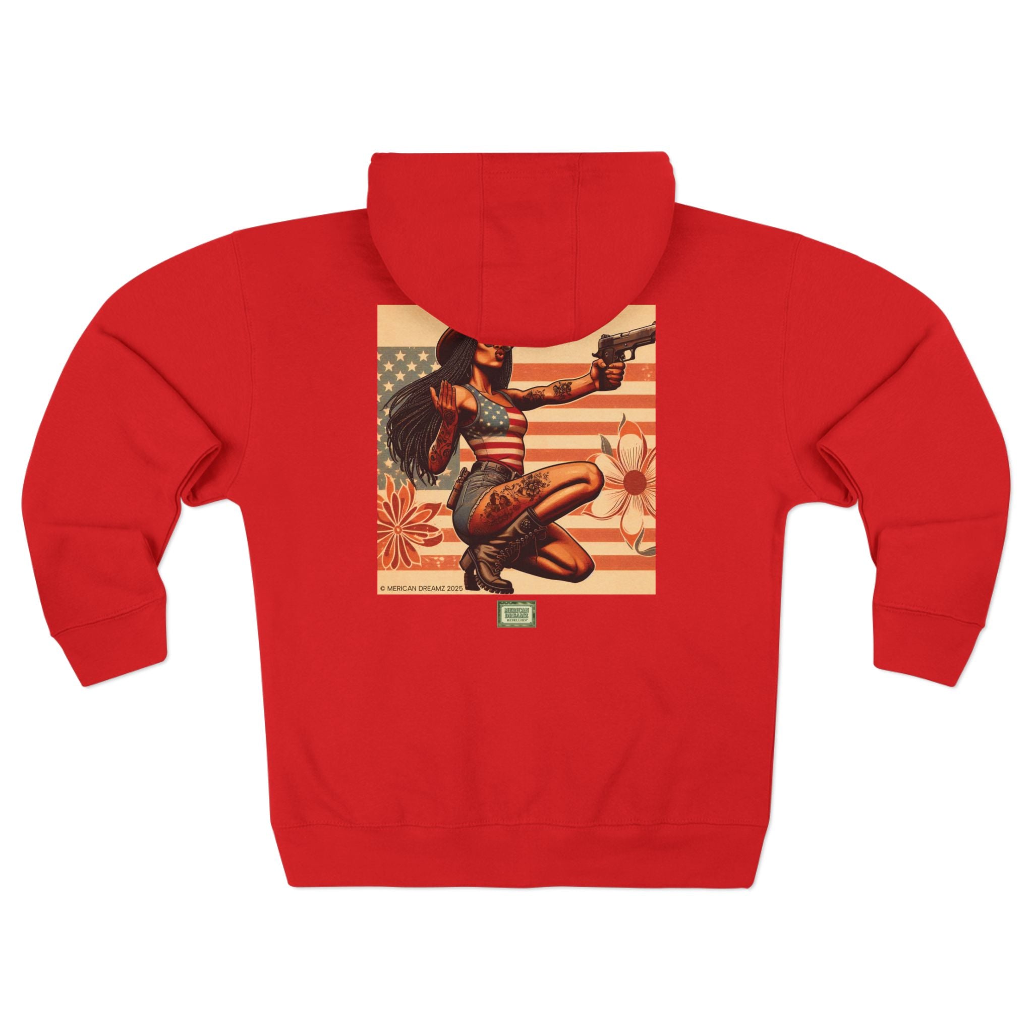 Americana Pinup Cowgirl with 9mm Zip Hoodie — Retro Vintage Patriotic Graphic