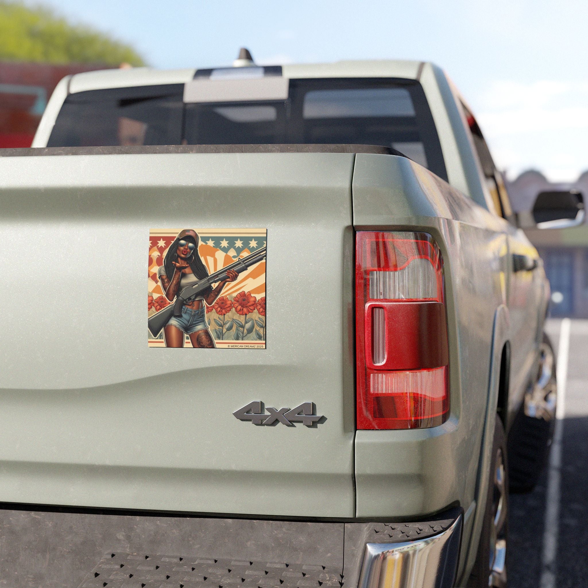 Car Magnet Patriotic Americana Cowgirl with Shotgun | Square American Flag Vintage Floral