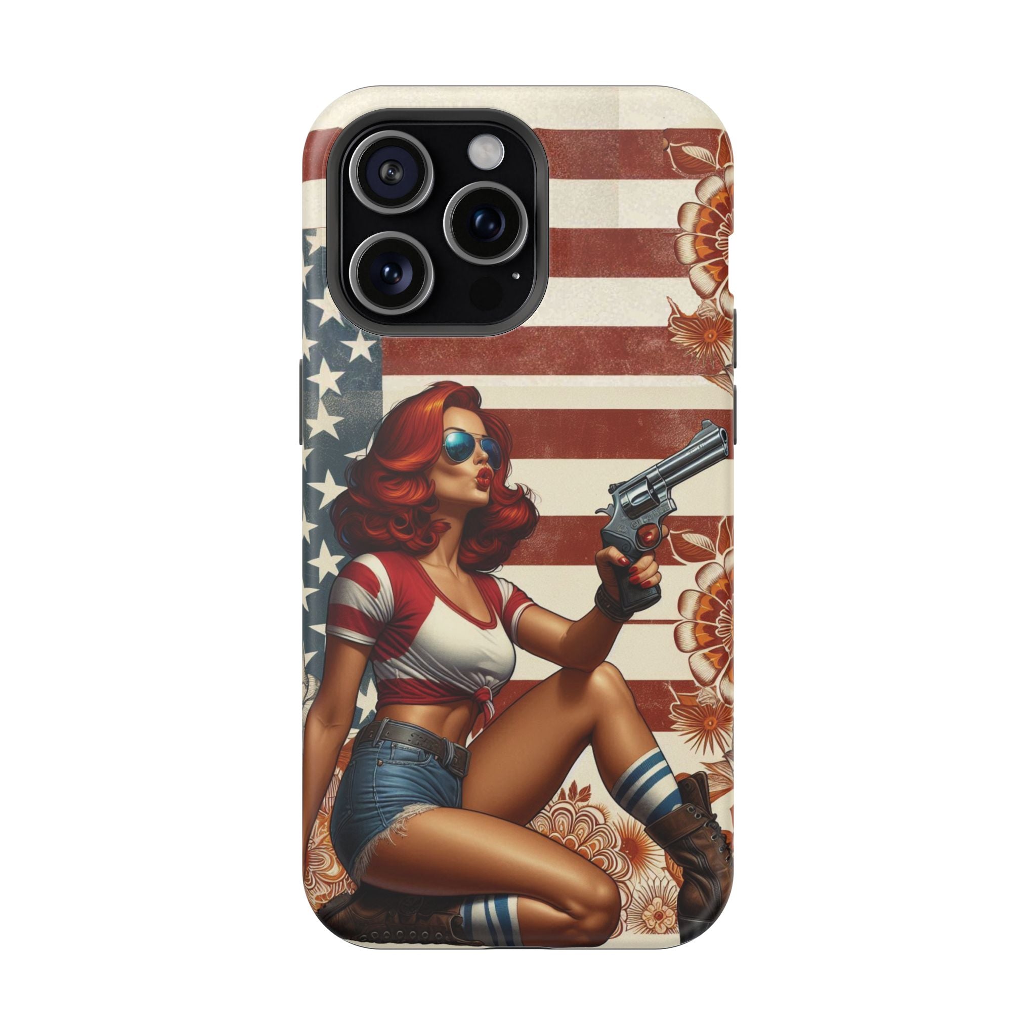 Americana .44 Magnum Pinup Girl - Magnetic Impact‑Resistant Phone Case  iPhone 13-17 / Samsung S26  MagSafe Compatible