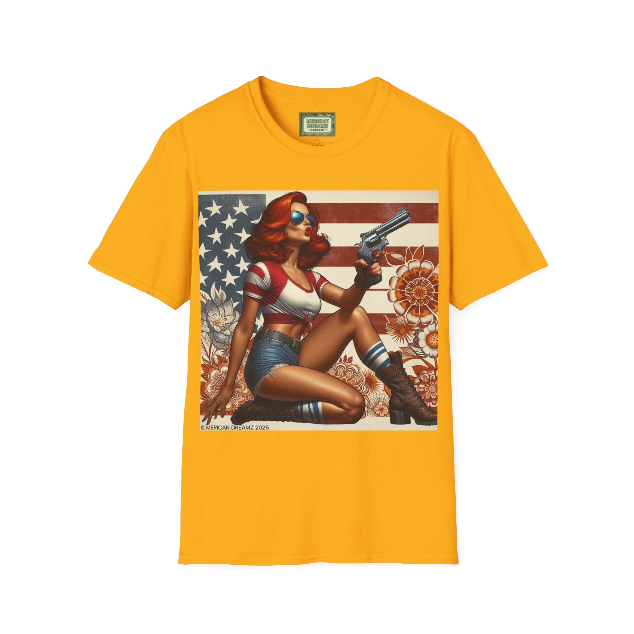 Graphic T-Shirt — Patriotic Pinup Girl with Rifle Vintage Flag Design (US Only)