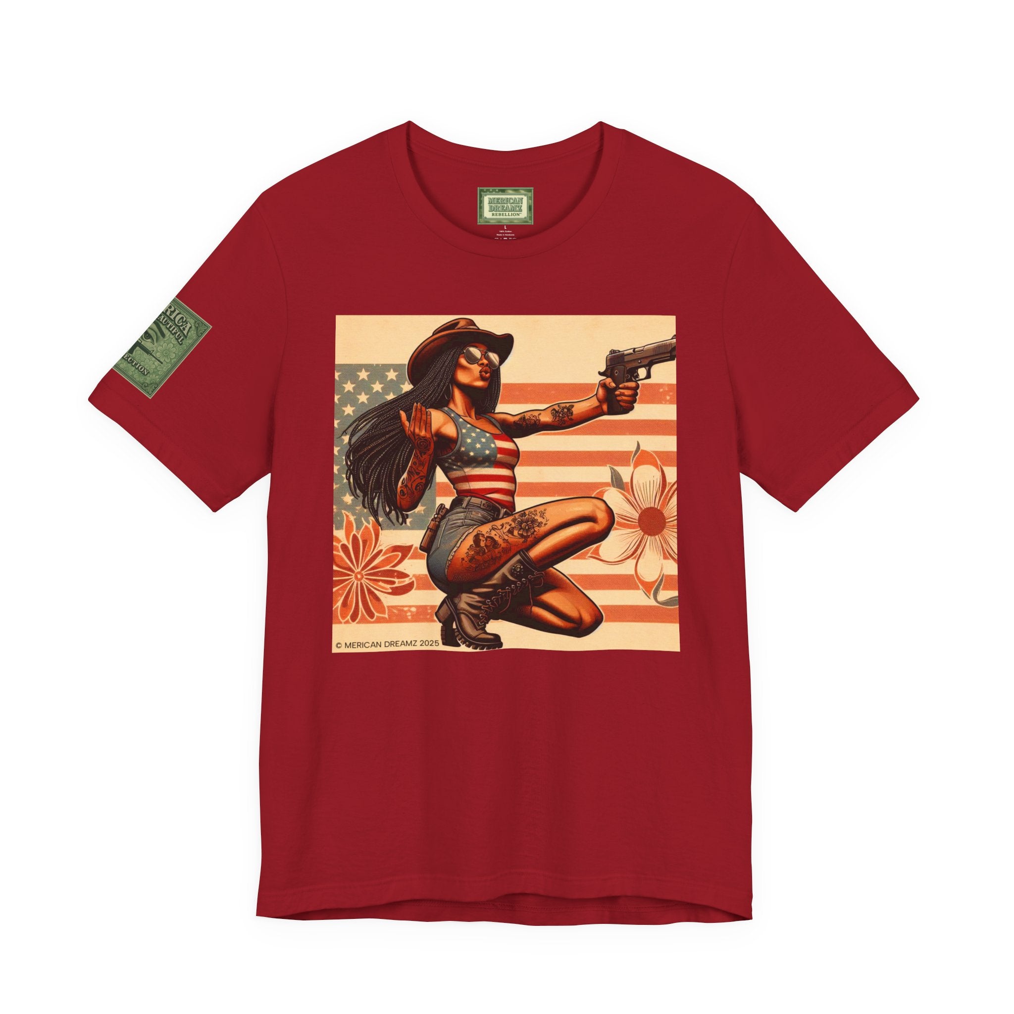 Graphic Short Sleeve Tee front and back — Retro Americana Pin-Up Cowgirls with 9mm Pistols