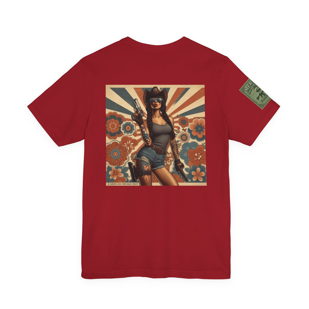 Graphic Short Sleeve Tee front and back — Retro Americana Pin-Up Cowgirls with 9mm Pistols