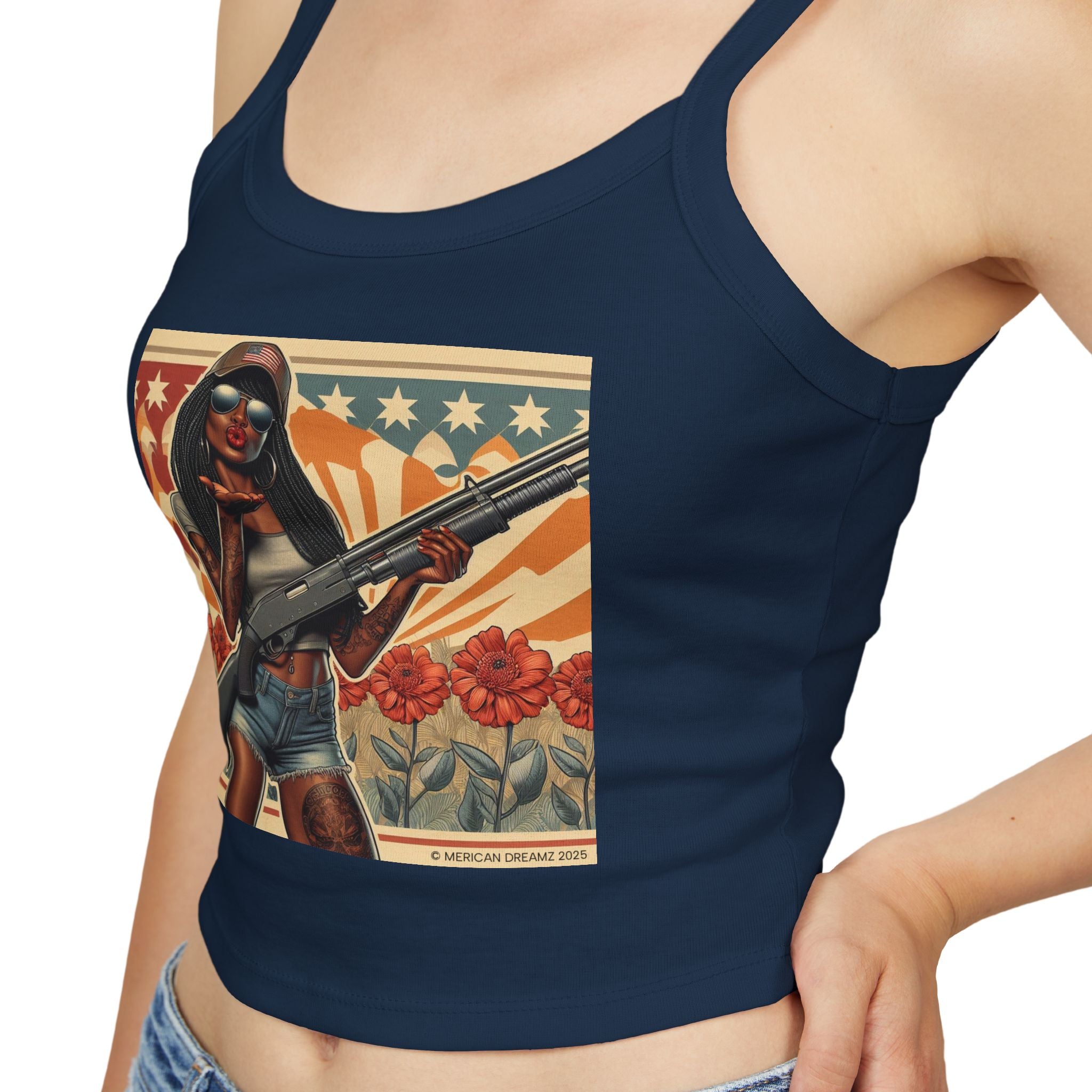 Retro Pinup Girl Tank Top — Vintage Flag & Floral Spaghetti Strap