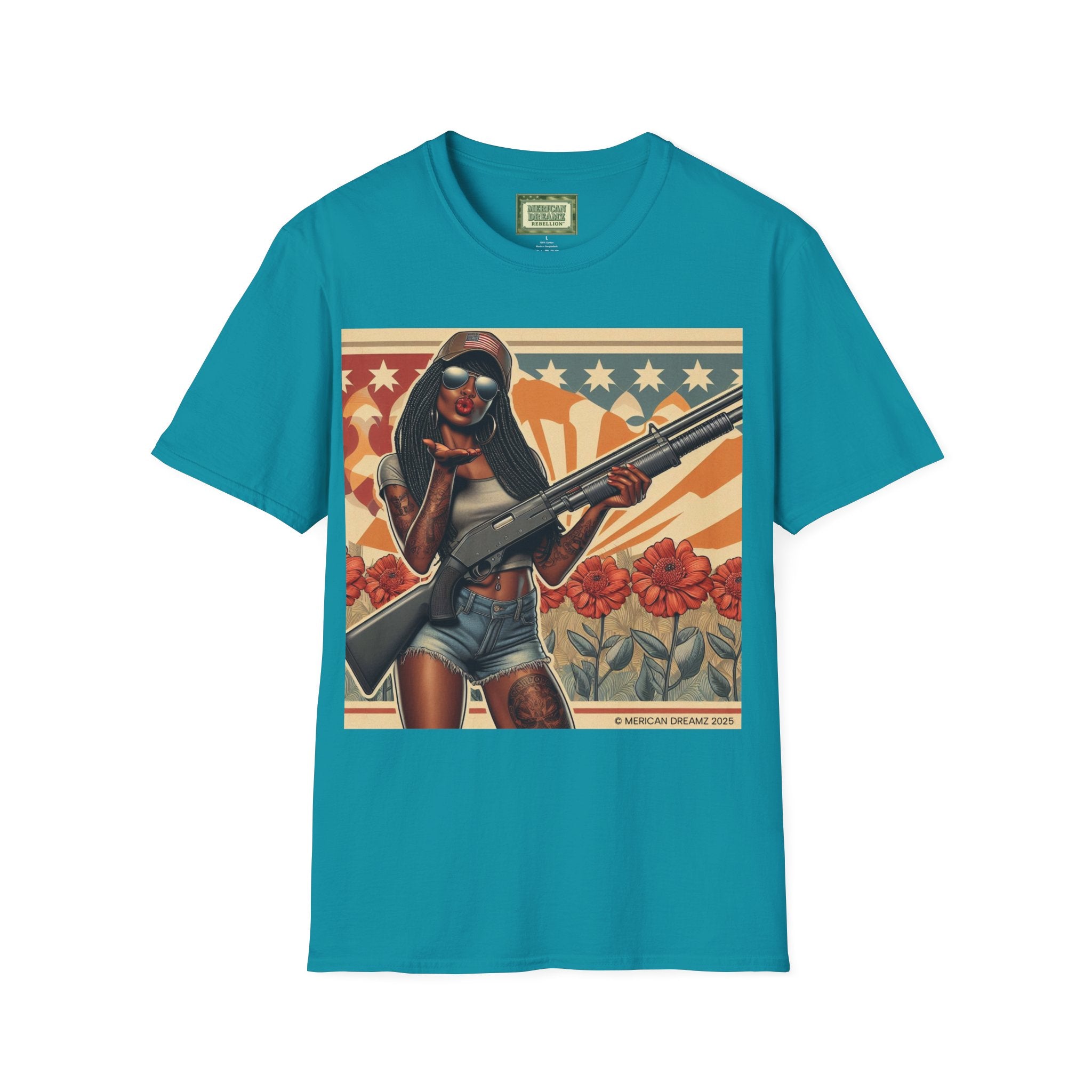 Graphic T-Shirt — Patriotic Pinup Girl with Shotgun Vintage Flag Design (US Only)