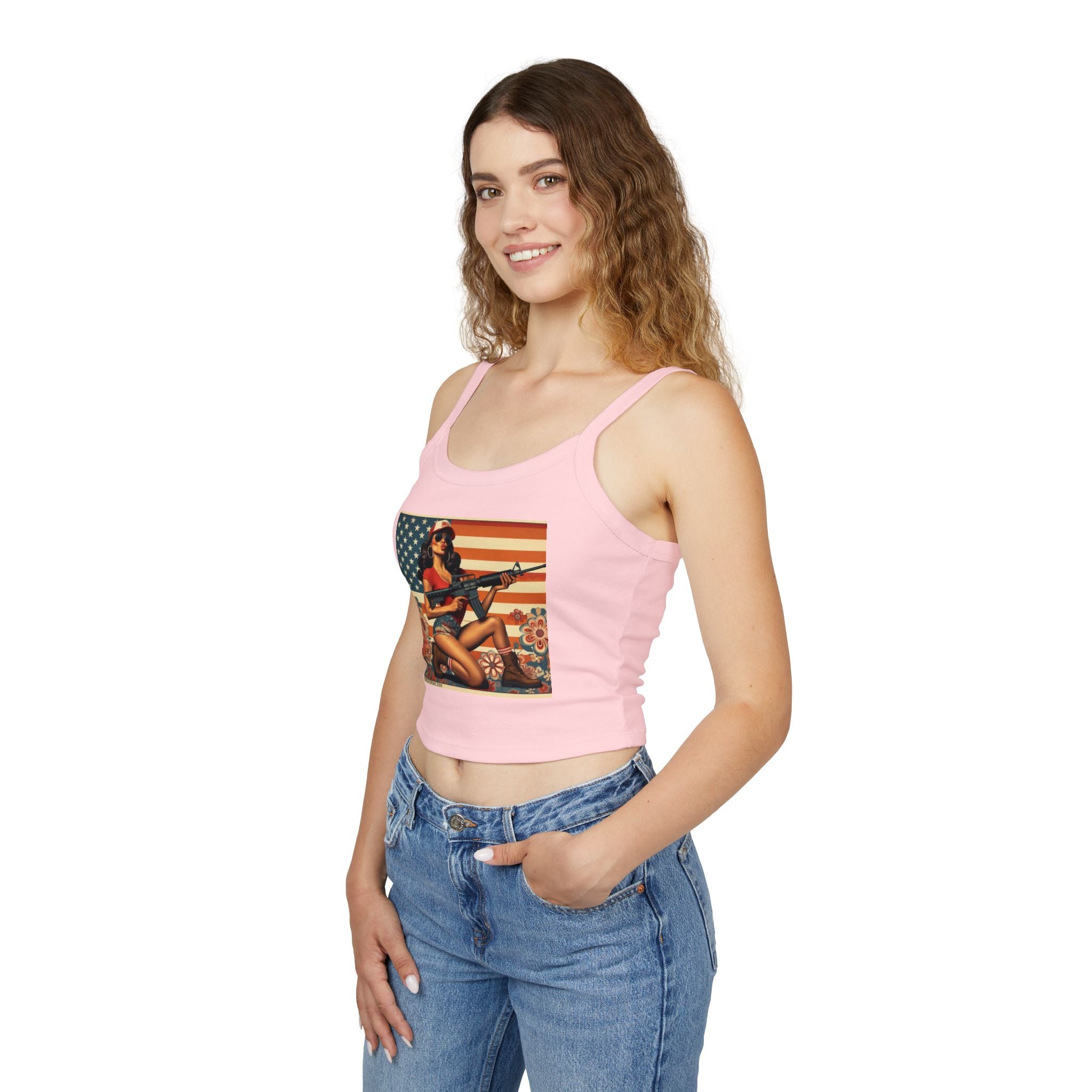 Retro Pinup Girl Tank Top — Vintage Flag & Floral Spaghetti Strap