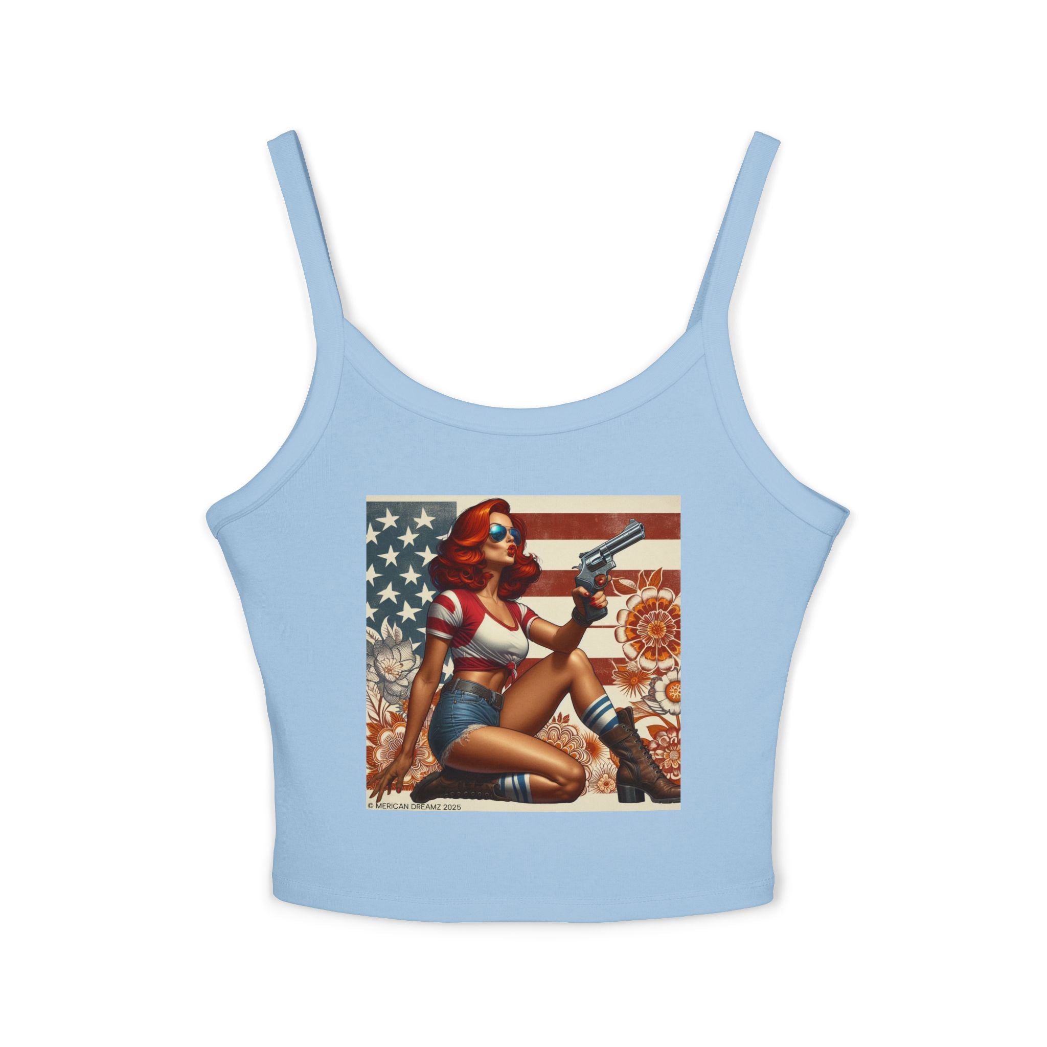 Retro Pinup Girl Tank Top — Vintage Flag & Floral Spaghetti Strap