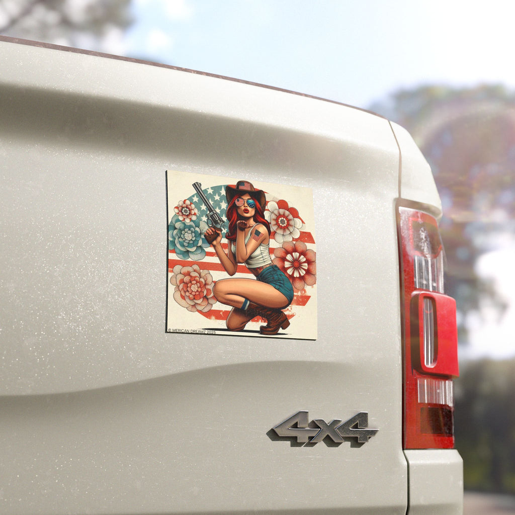 Car Magnet Patriotic Americana Cowgirl with Pistol | Square American Flag Vintage Floral