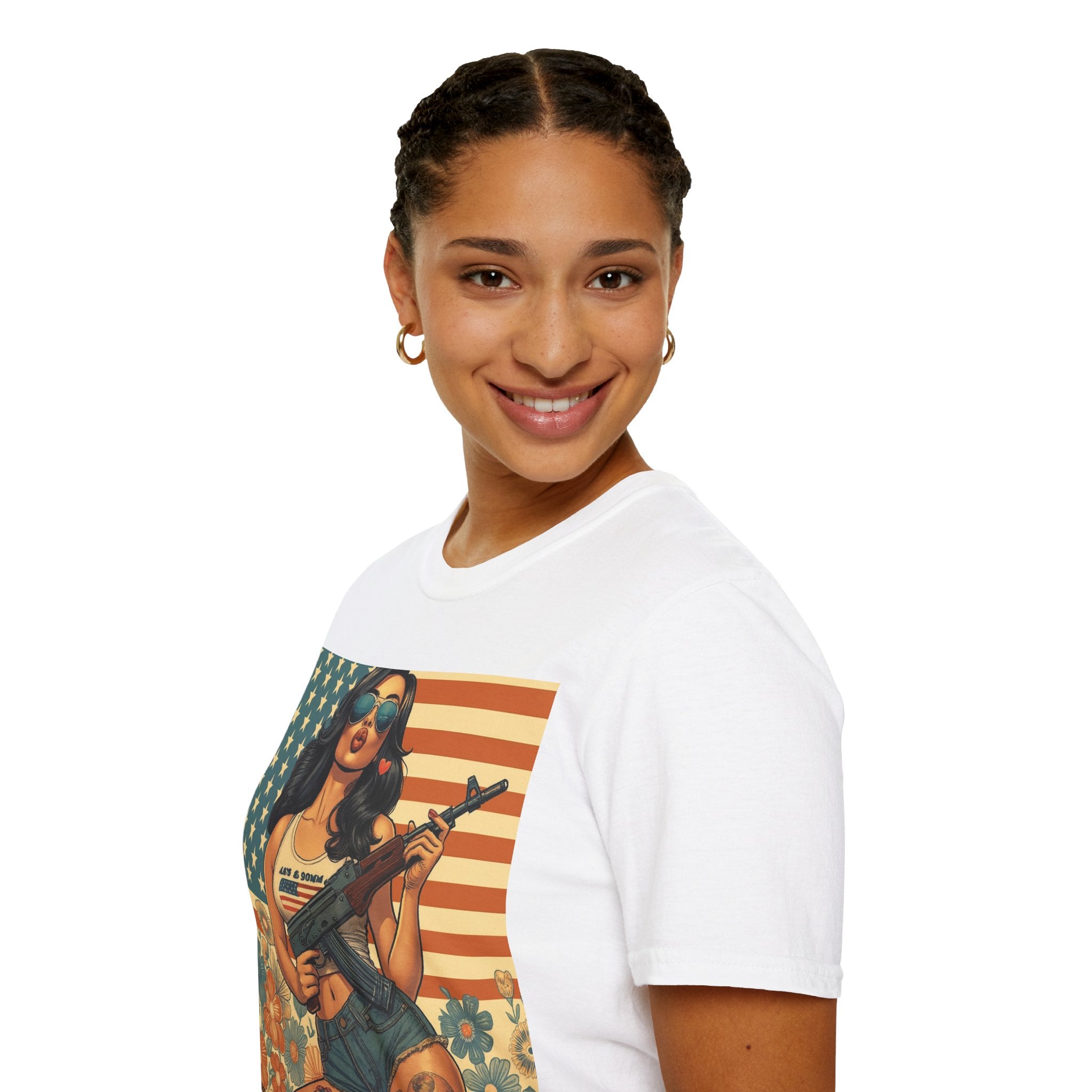 Graphic T-Shirt — Patriotic Pinup Girl with Rifle Vintage Flag Design (US Only)