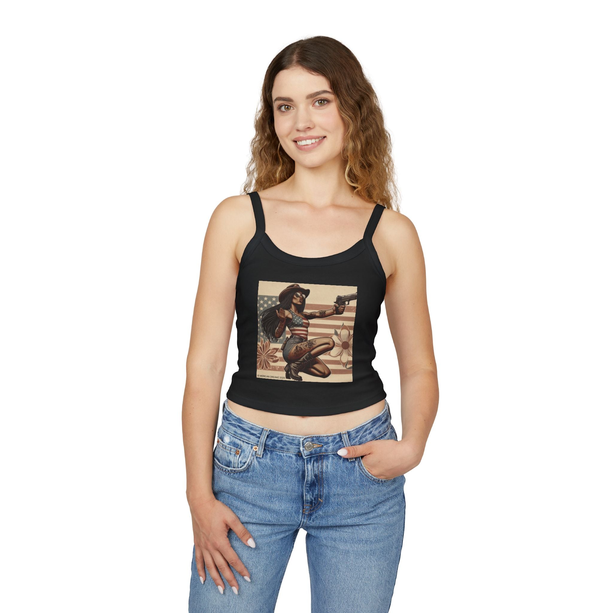 Retro Pinup Girl Tank Top — Vintage Flag & Floral Spaghetti Strap