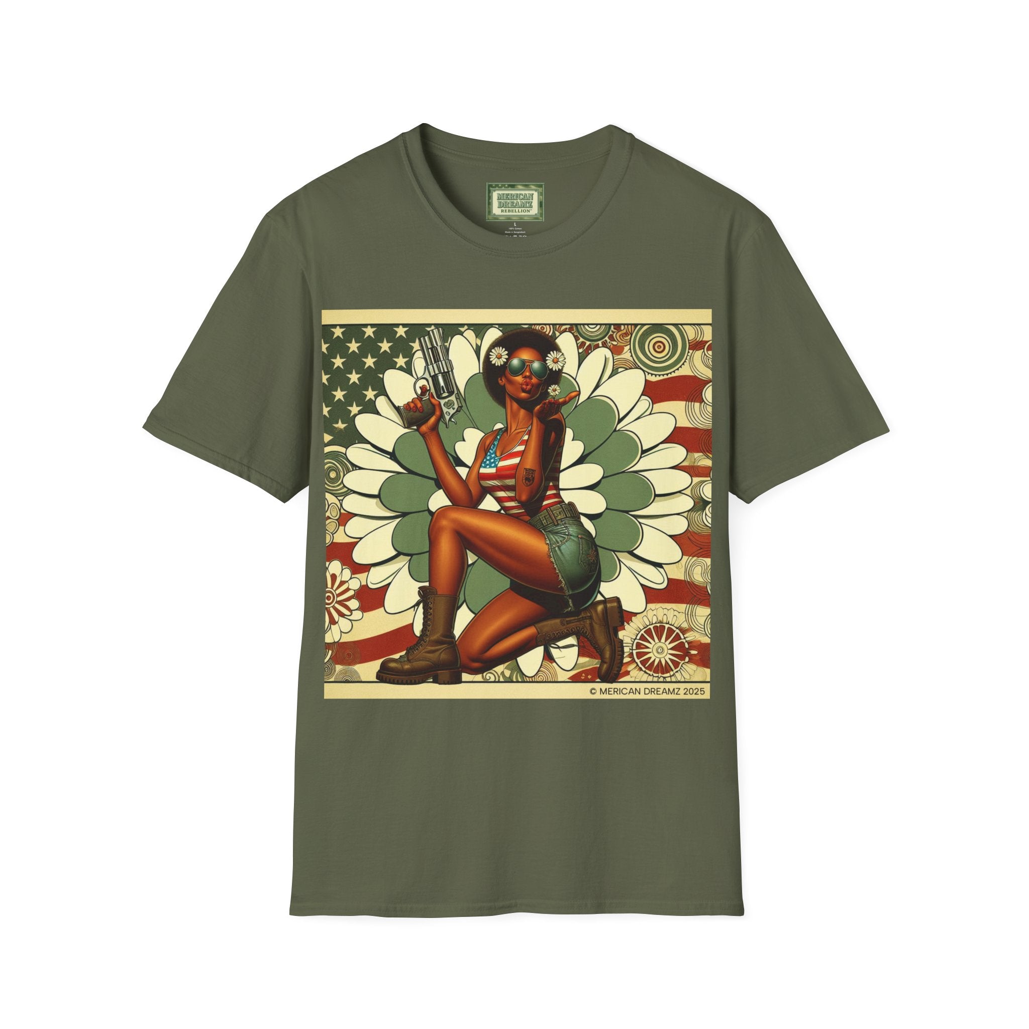 Graphic T-Shirt — Patriotic Pinup Girl with Pistol Vintage Flag Design (US Only)