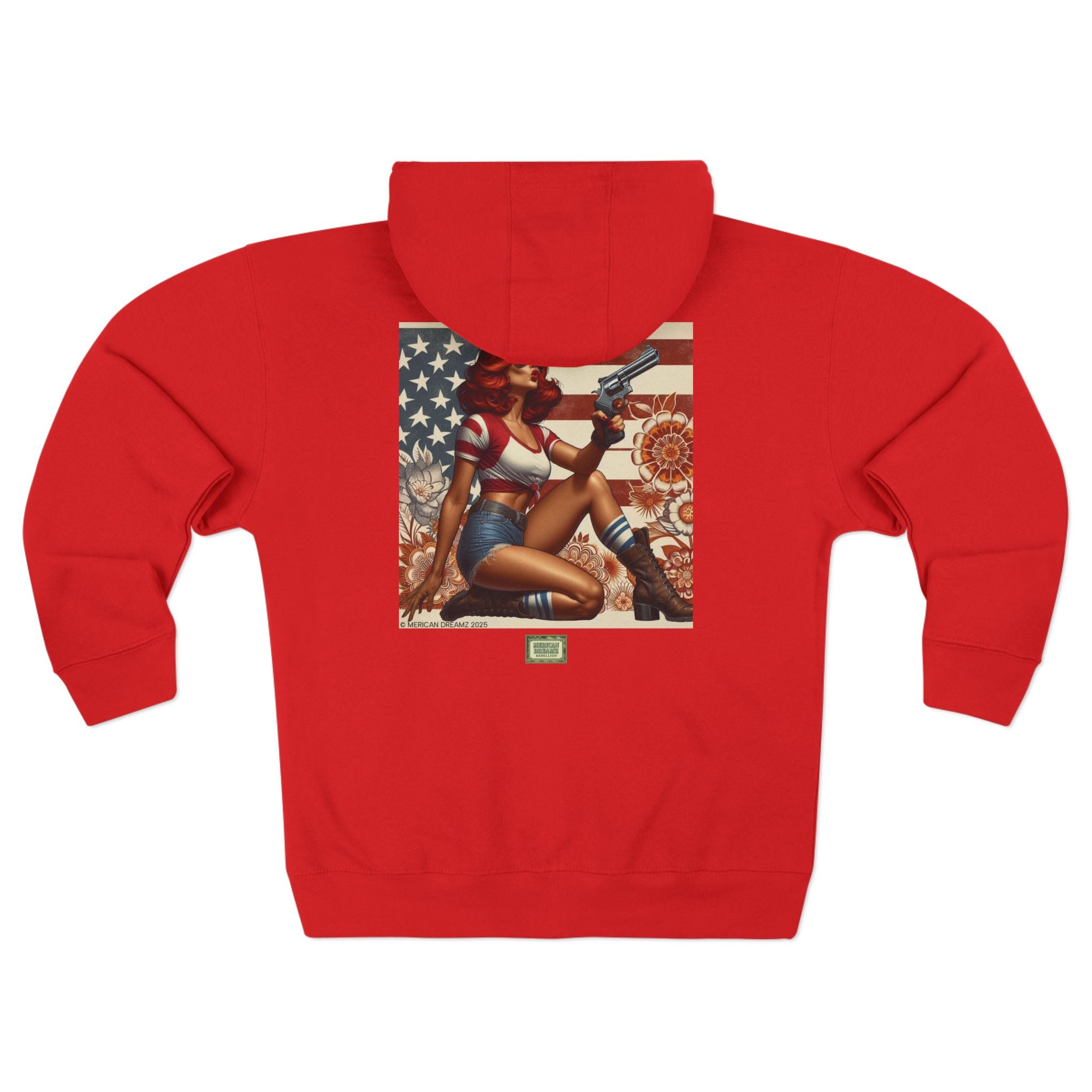 Americana Pinup Cowgirl with 44 Magnum Zip Hoodie — Retro Vintage Patriotic Graphic