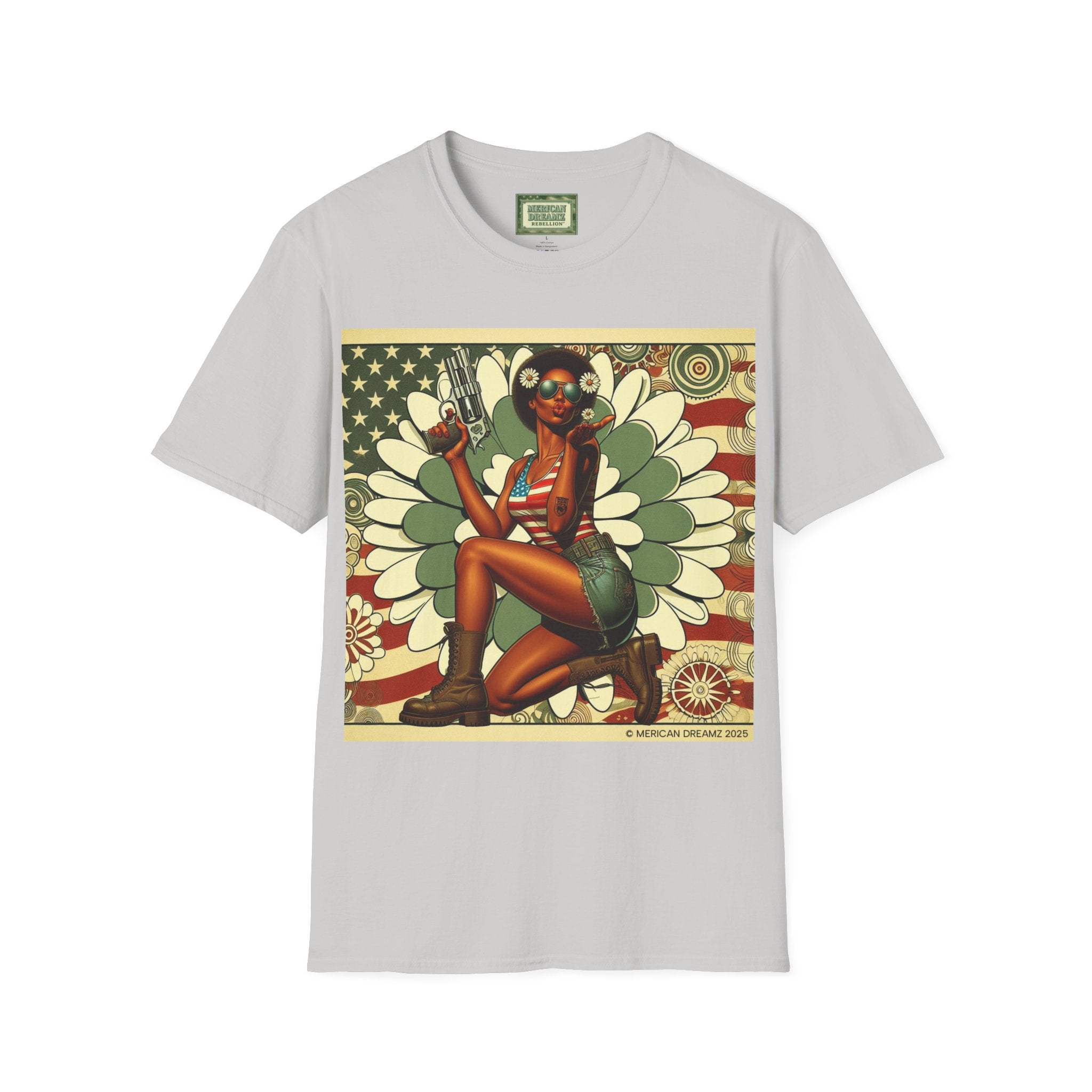 Graphic T-Shirt — Patriotic Pinup Girl with Pistol Vintage Flag Design (US Only)
